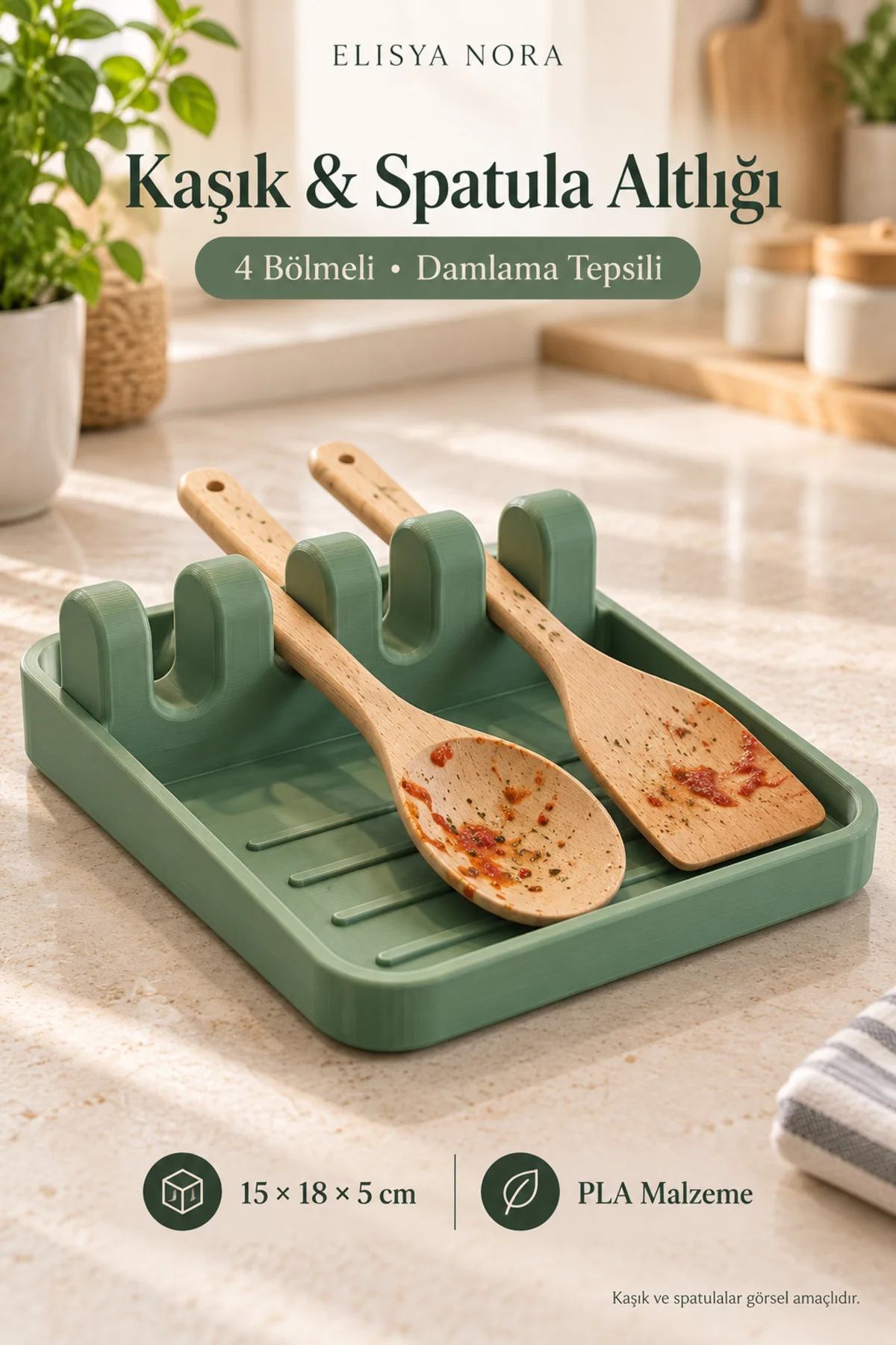4 Bölmeli Kaşık ve Spatula Altlığı – Damlama Tepsili Tezgâh Düzenleyici - Görsel 2