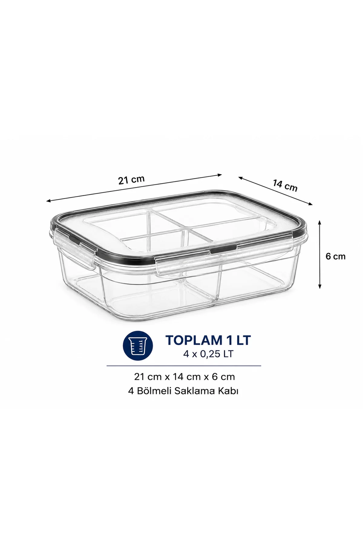 4 Bölmeli Kilitli Saklama Kabı 1 Litre (4x250 ml) – Sızdırmaz Kap