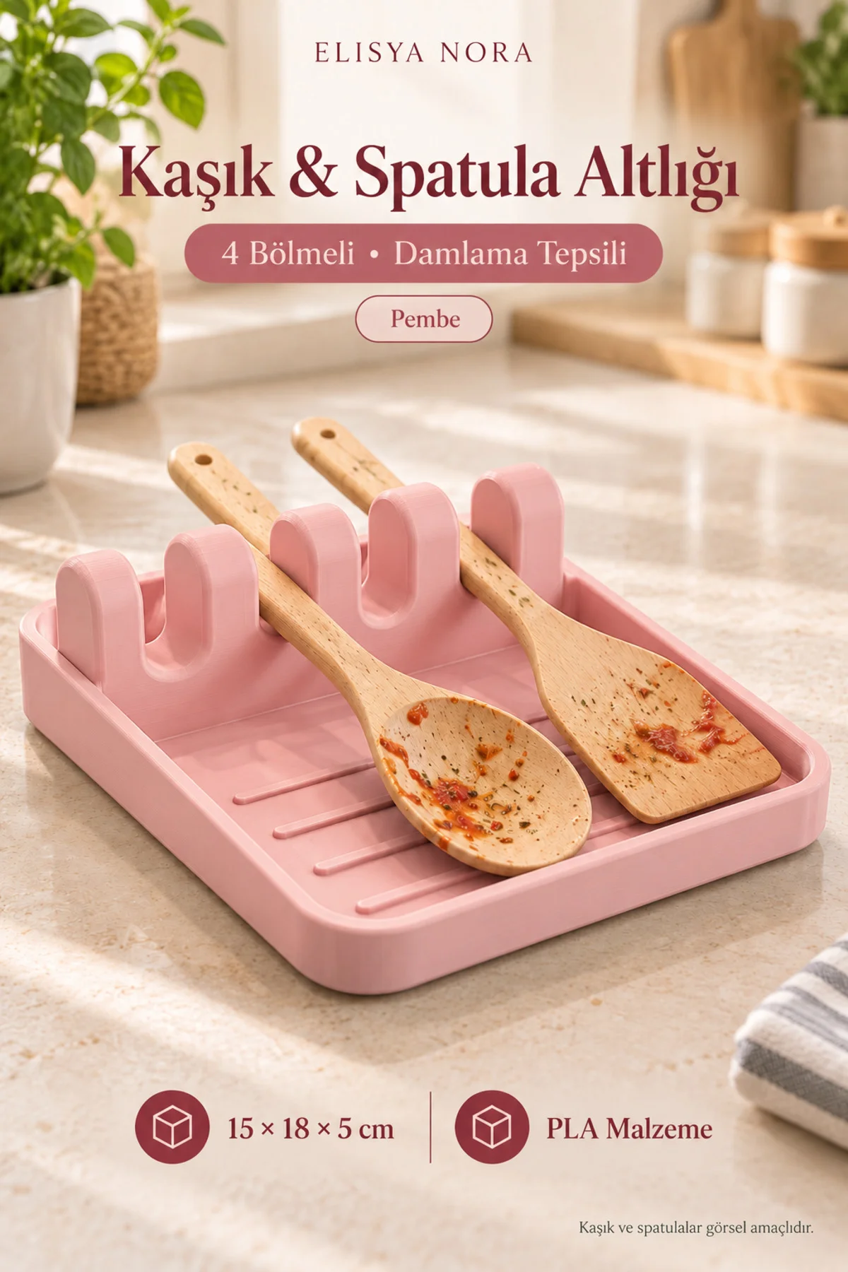 4 Bölmeli Pembe Kaşık ve Spatula Altlığı – Damlama Tepsili Tezgâh Düzenleyici - Görsel 2