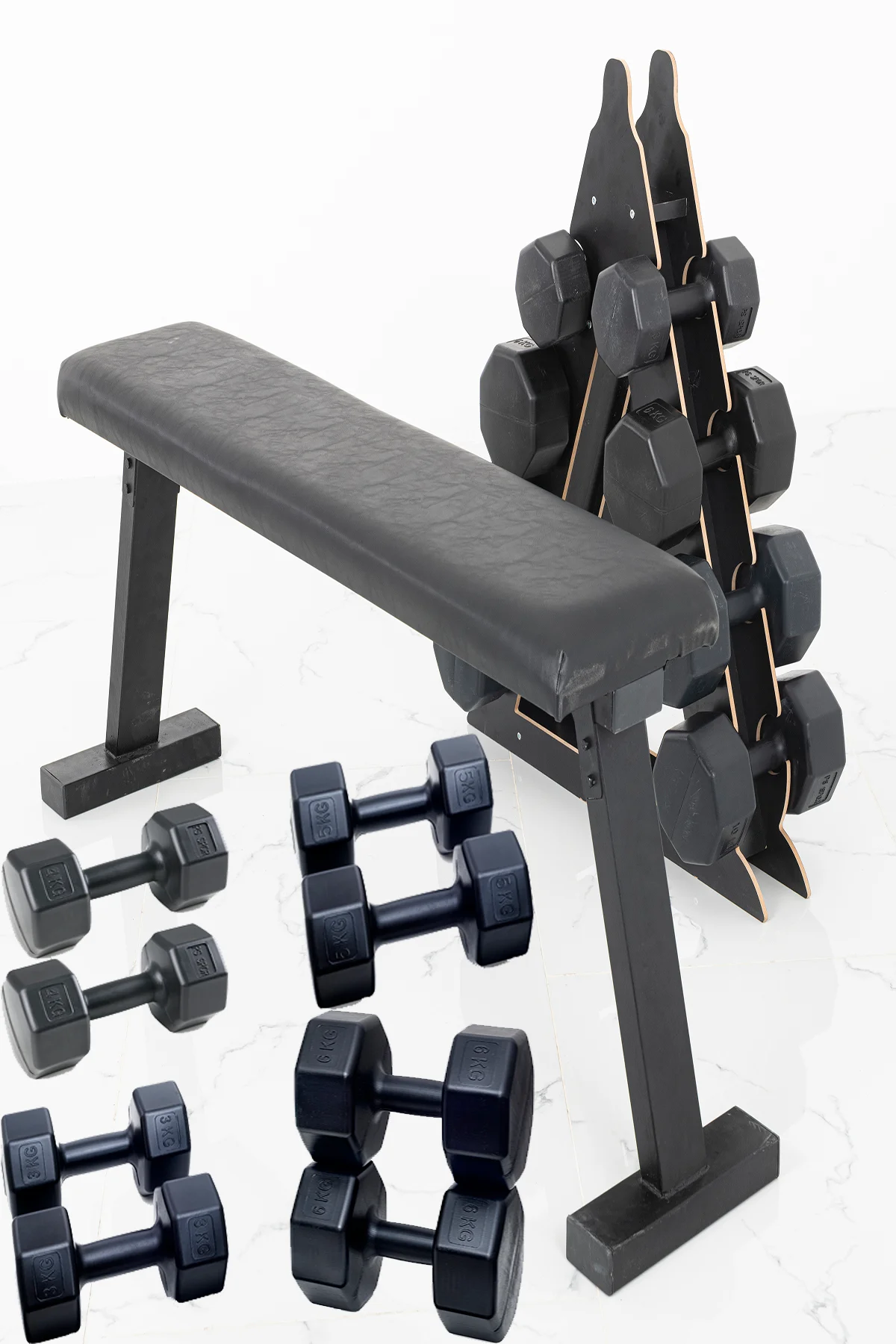 4 Çift Dambıl Set (3Kg,4Kg,5Kg,6Kg,Bench Sehpası ve Stand)