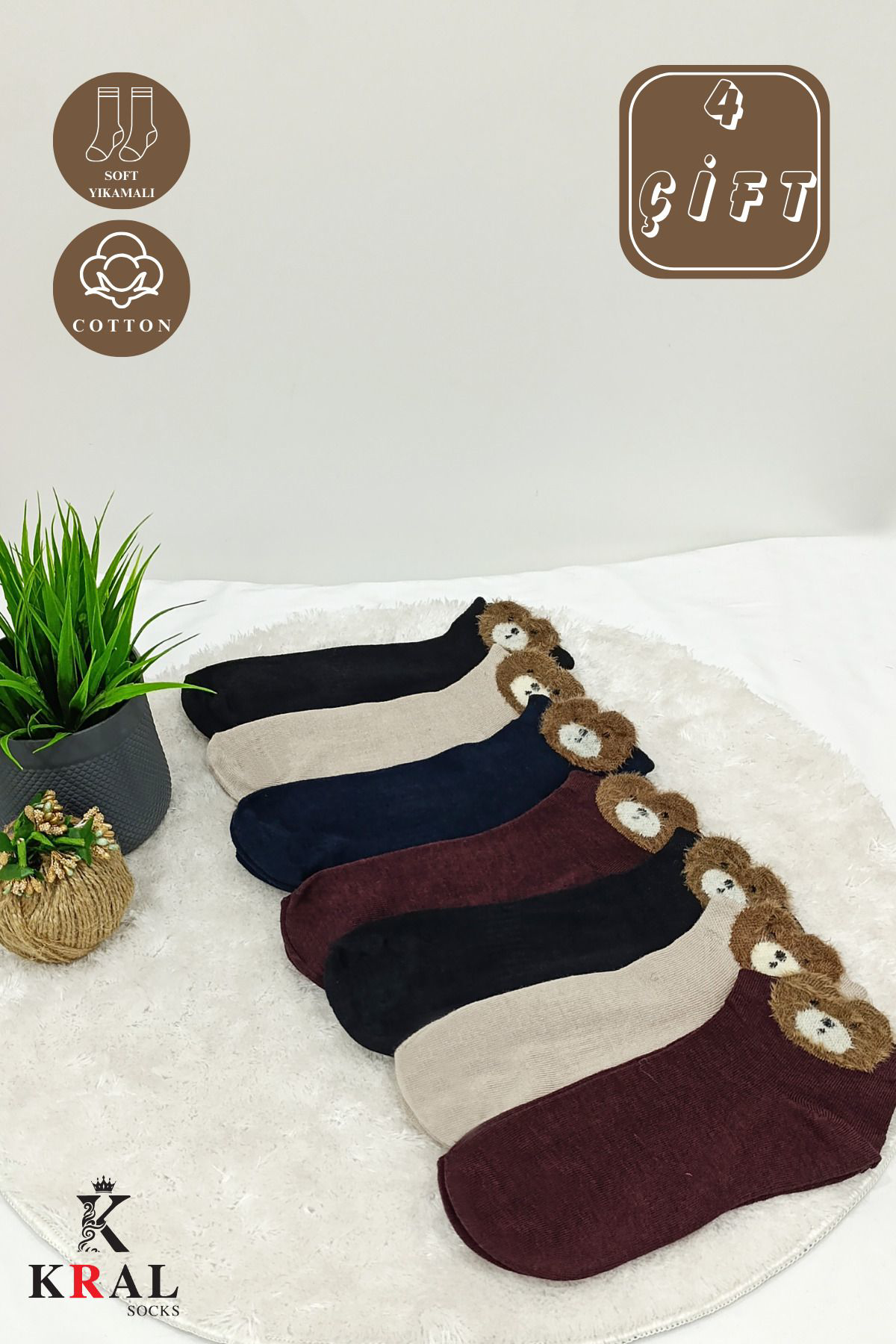 Kral Socks 4 Çift Likrali Pamuklu Penye Kadin Sevimli Ayicik Desenli Patik Ç