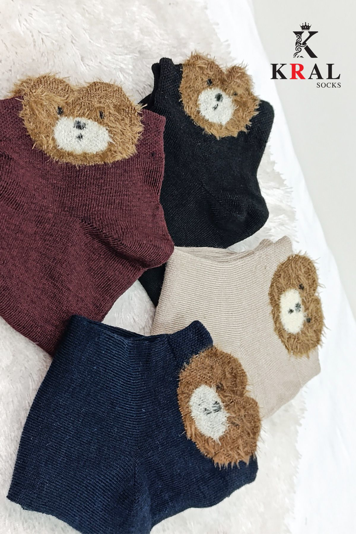 Kral Socks 4 Çift Likrali Pamuklu Penye Kadin Sevimli Ayicik Desenli Patik Ç