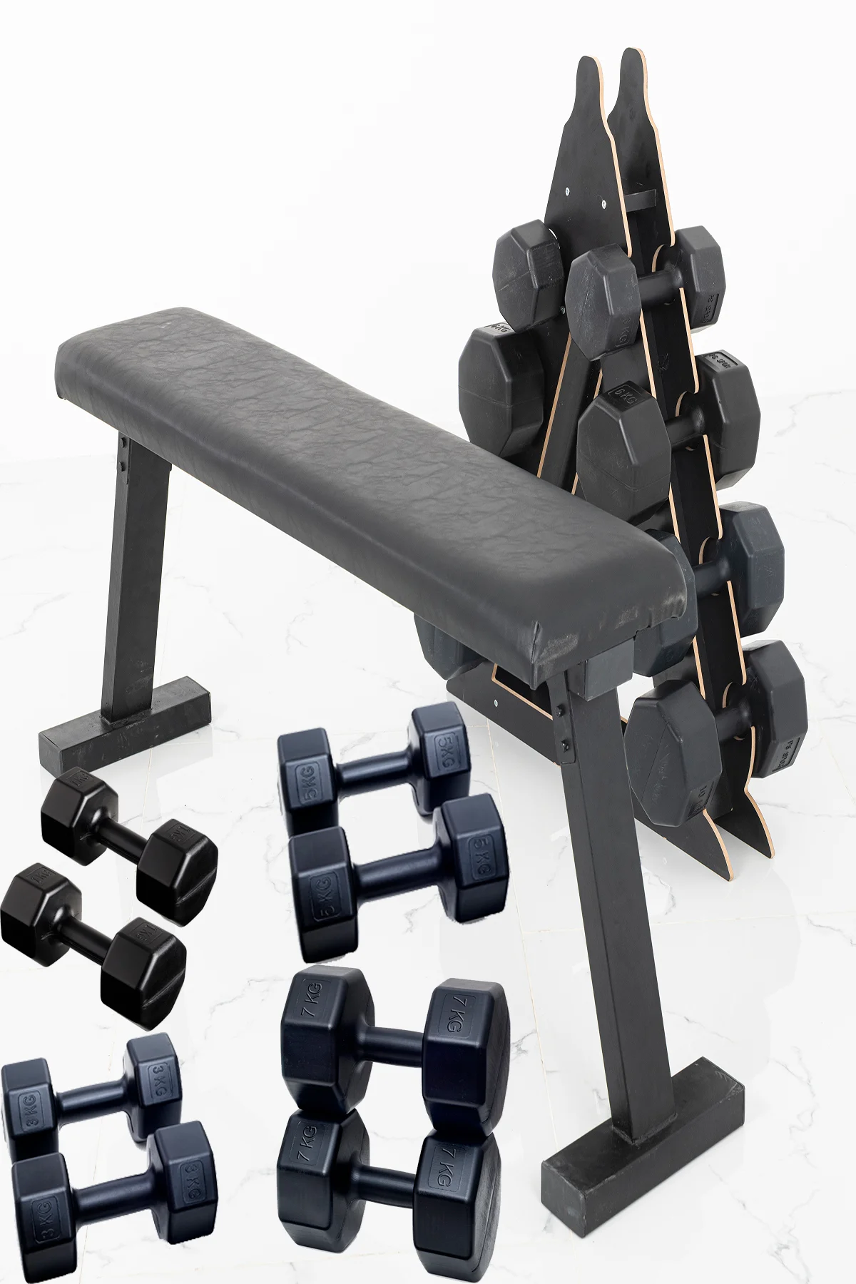 4 Çift Siyah Renk Dambıl Set,Büyük Boy Stand ve Bench Press Sehpası