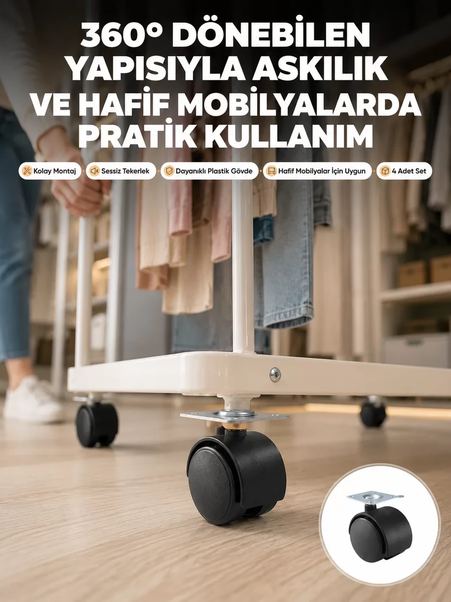 4 cm Kilitsiz Tekerlek Ayak Seti - Zemin Koruyucu ve Mobilya Hareketliliği