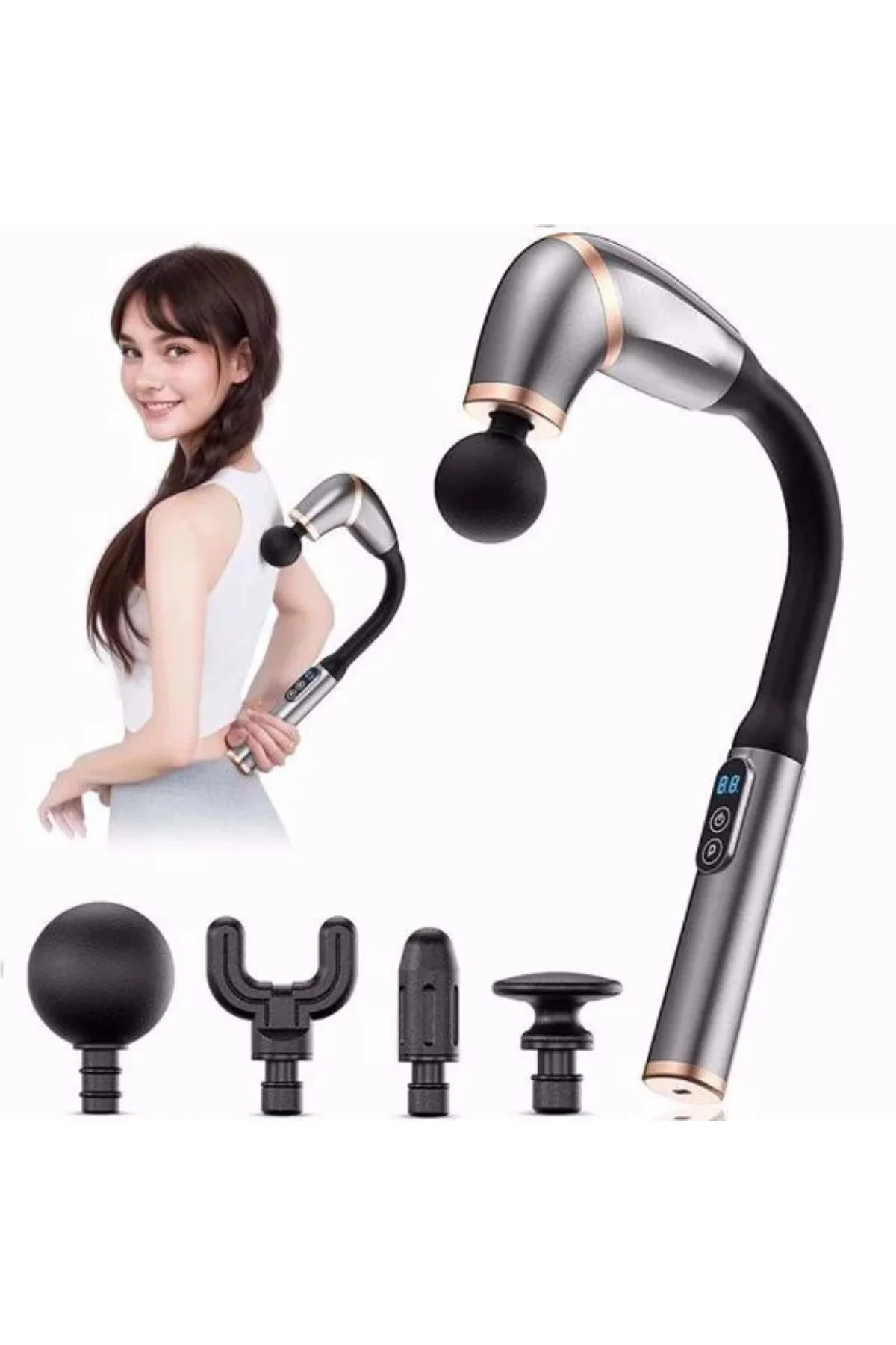 4 Farklı Başlıklı Uzun Saplı Derin Doku Masaj Tabancası, Boyun, Omuz ve Sırt için Ergonok Saplı Çokl 4 Farklı Başlıklı Uzun Saplı Derin Doku Masaj Tabancası, Boyun, Omuz ve Sırt için Ergonok Saplı Çokl