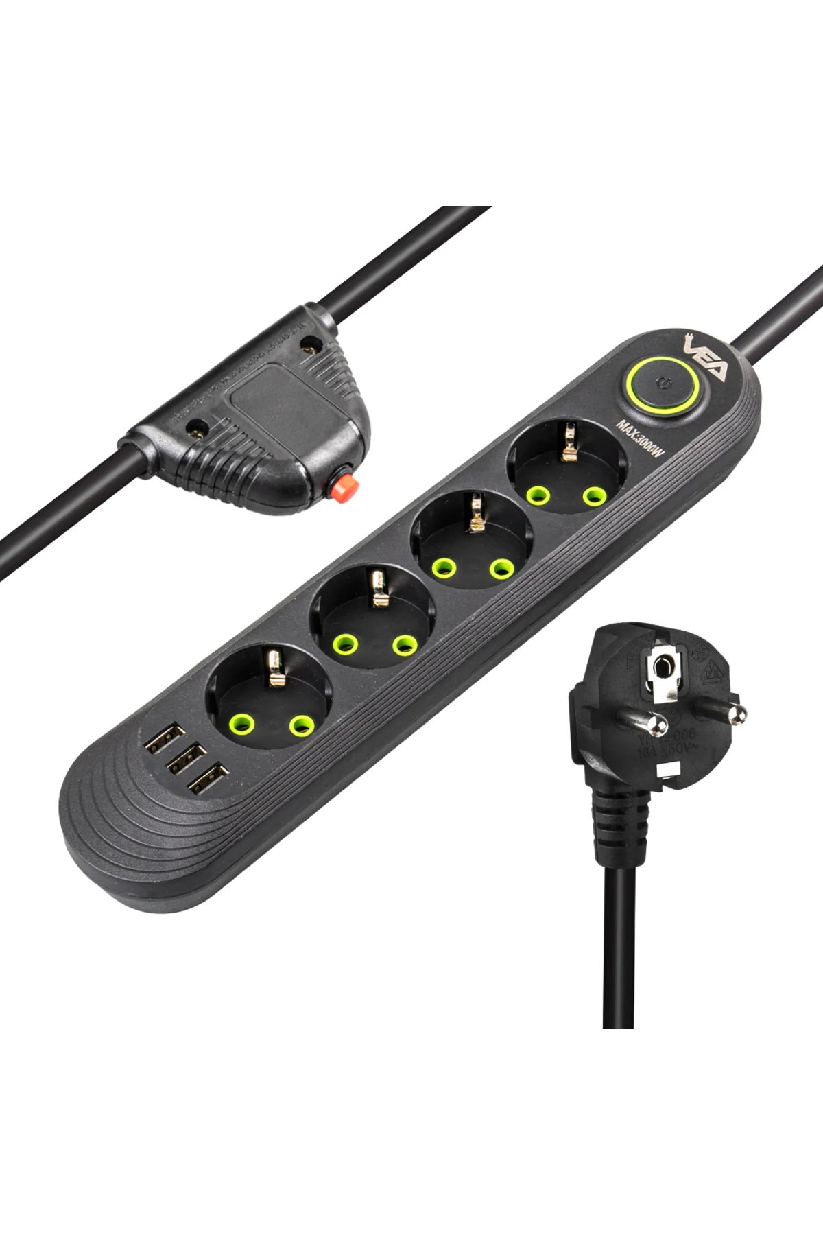 4 Fiş 4 Usb Anahtarlı Akım Korumalı Siyah Renk 1.5 Metre Priz