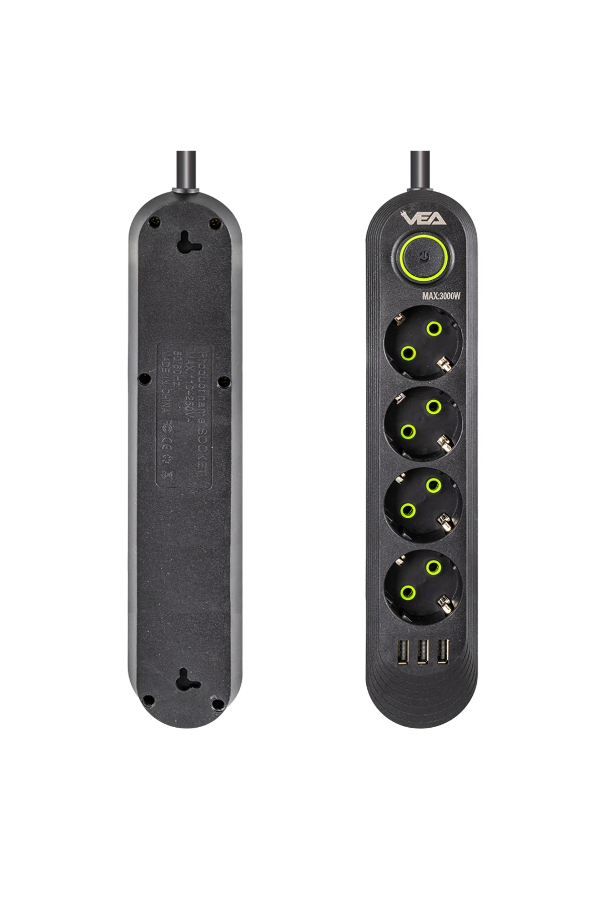 4 Fiş 4 Usb Anahtarlı Akım Korumalı Siyah Renk 1.5 Metre Priz