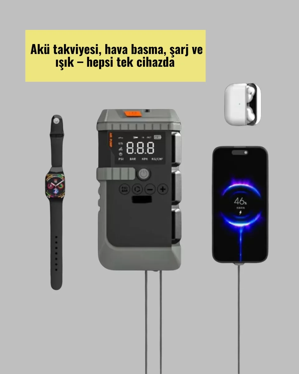 4 Fonksiyonlu Akü Takviye ve Lastik Şişirme Cihazı - Güvenli Yolculuk İçin Çözüm