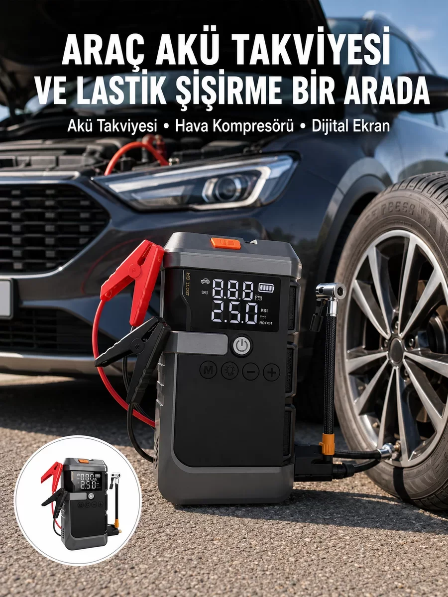 4 Fonksiyonlu Akü Takviye ve Lastik Şişirme Cihazı - Güvenli Yolculuk İçin Çözüm