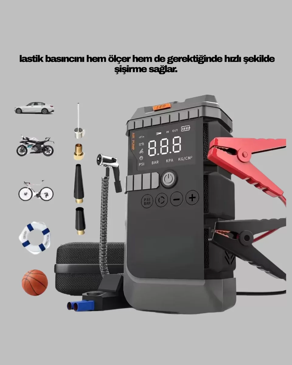 4 Fonksiyonlu Akü Takviye ve Lastik Şişirme Cihazı - Güvenli Yolculuk İçin Çözüm