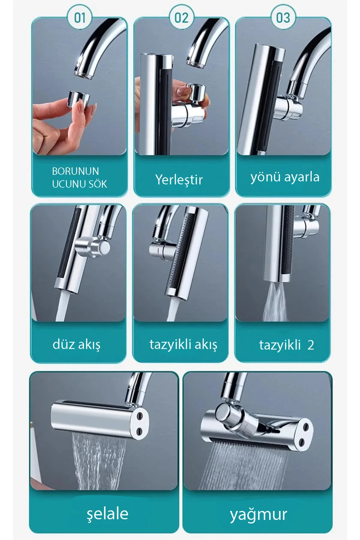 4 Fonksiyonlu Musluk Batarya Başlığı Tüm Musluklara Uyumlu Aparat
