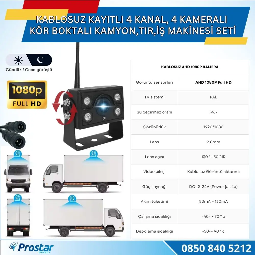 4 Kablosuz Kameralı 7 inç Kayıtlı Monitör Full HD BSD Kör Nokta U