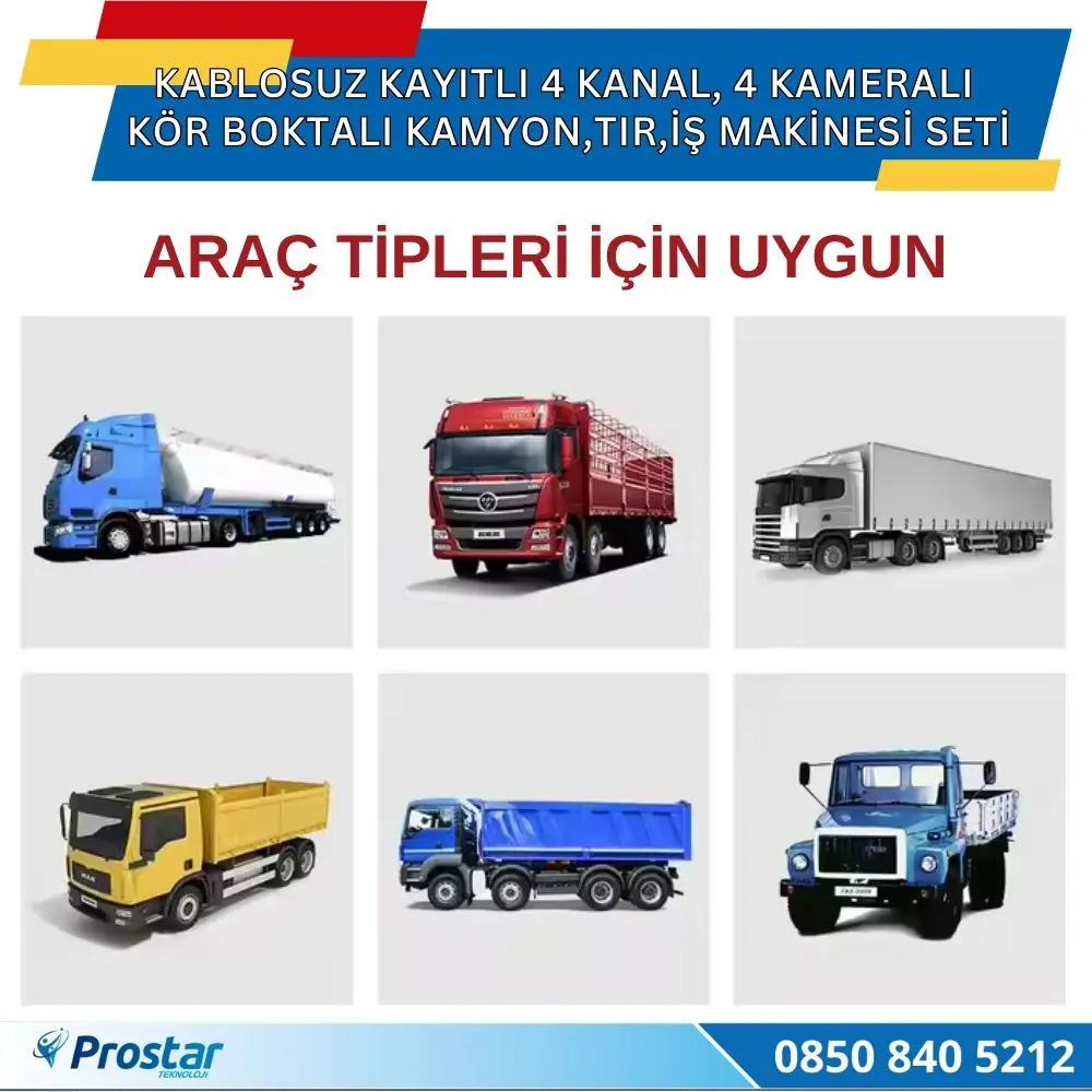 4 Kablosuz Kameralı 7 inç Kayıtlı Monitör Full HD BSD Kör Nokta U