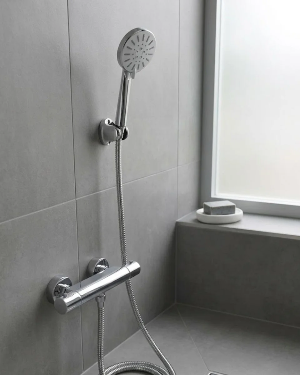 4 Kademeli Krem Duş Başlığı ve Spiral Hortumlu Banyo Seti