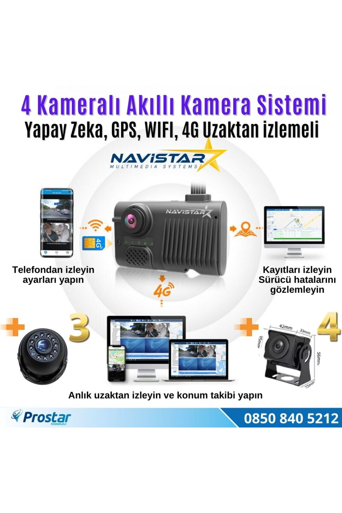 Navistar 4 Kameralı 4G Uzaktan İzlemeli Gps Wifi Yapay Zekalı Akıllı Dashc