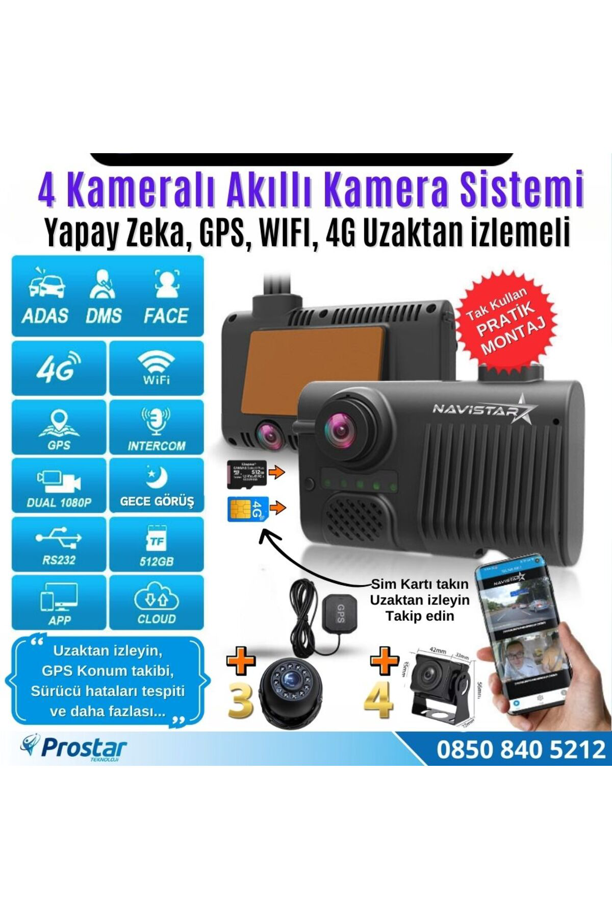 Navistar 4 Kameralı 4G Uzaktan İzlemeli Gps Wifi Yapay Zekalı Akıllı Dashc