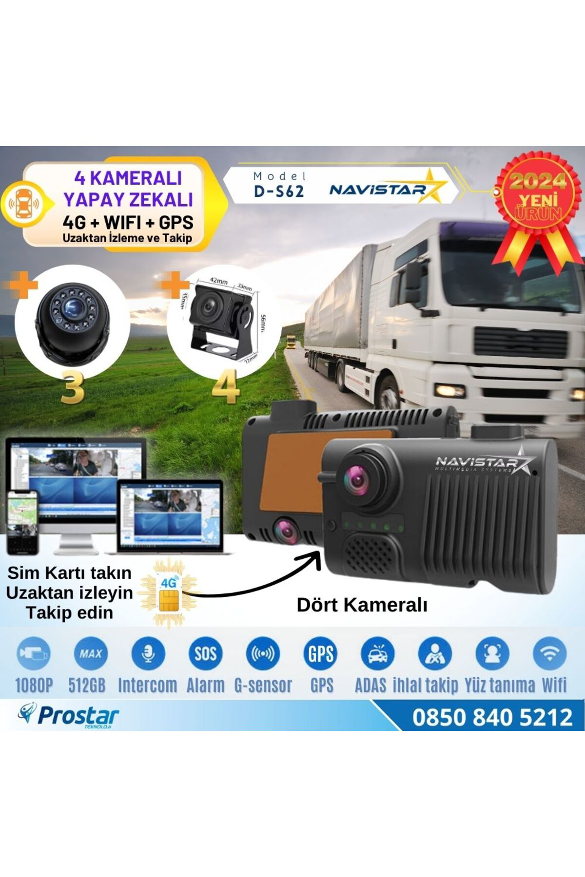 Navistar 4 Kameralı 4G Uzaktan İzlemeli Gps Wifi Yapay Zekalı Akıllı Dashc