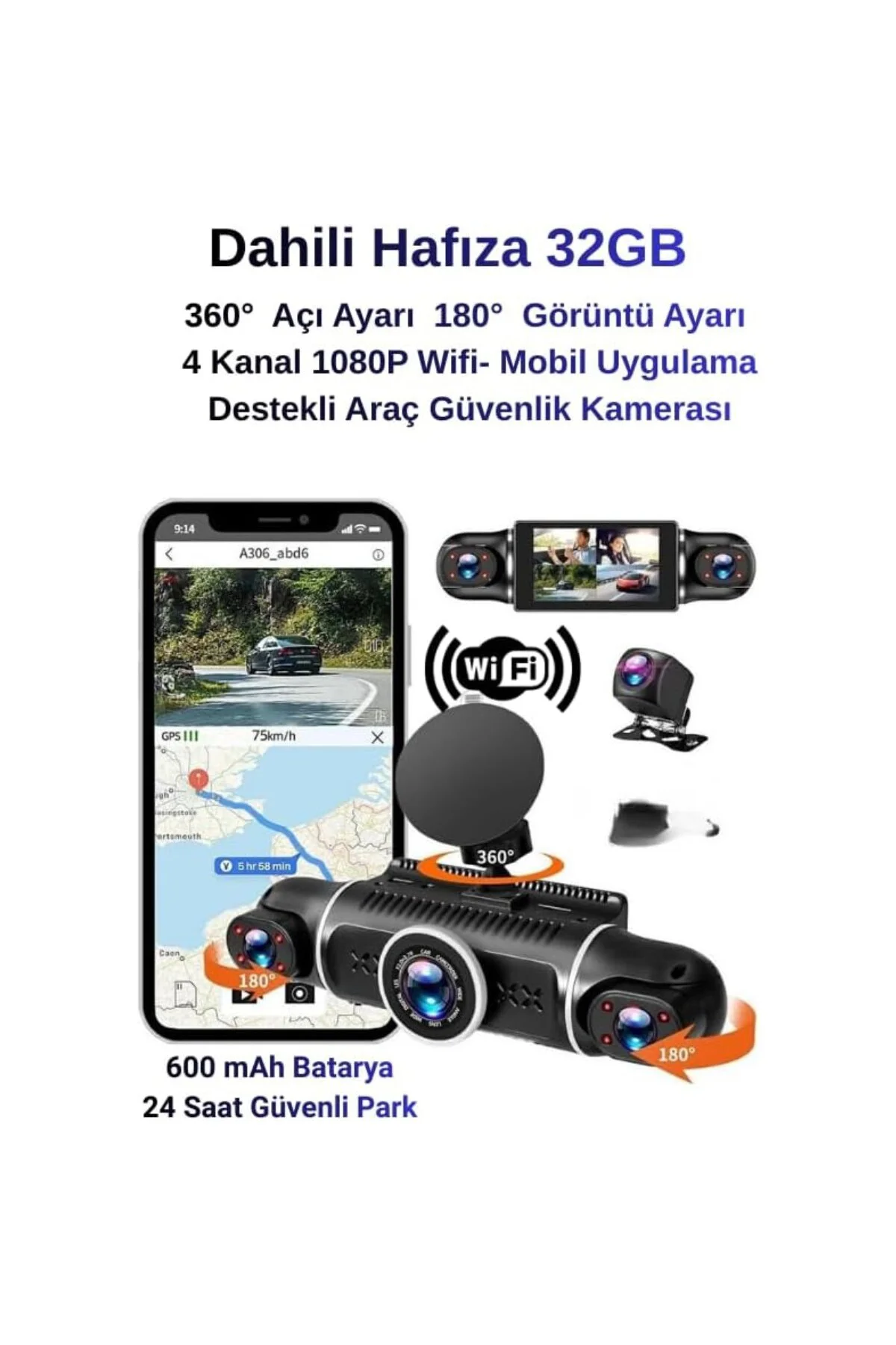 4 Kanallı Araç Kamerası, G-Sensör, Gece Görüşlü, WiFi Bağlantılı,