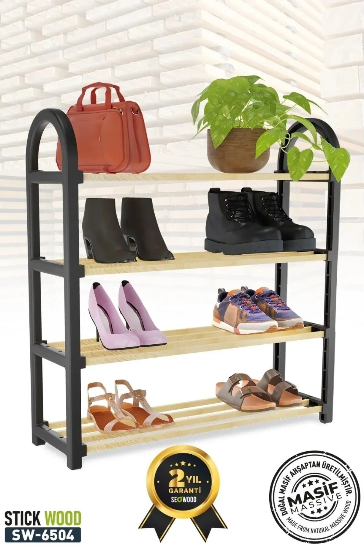 4 Katlı 1.sınıf Süper Kalite Masif Ahşap Ayakkabılık