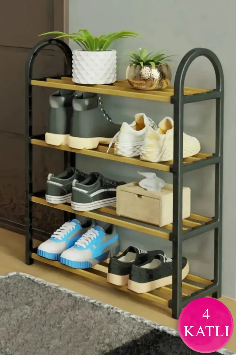 4 Katlı Ahşap Ayakkabılık