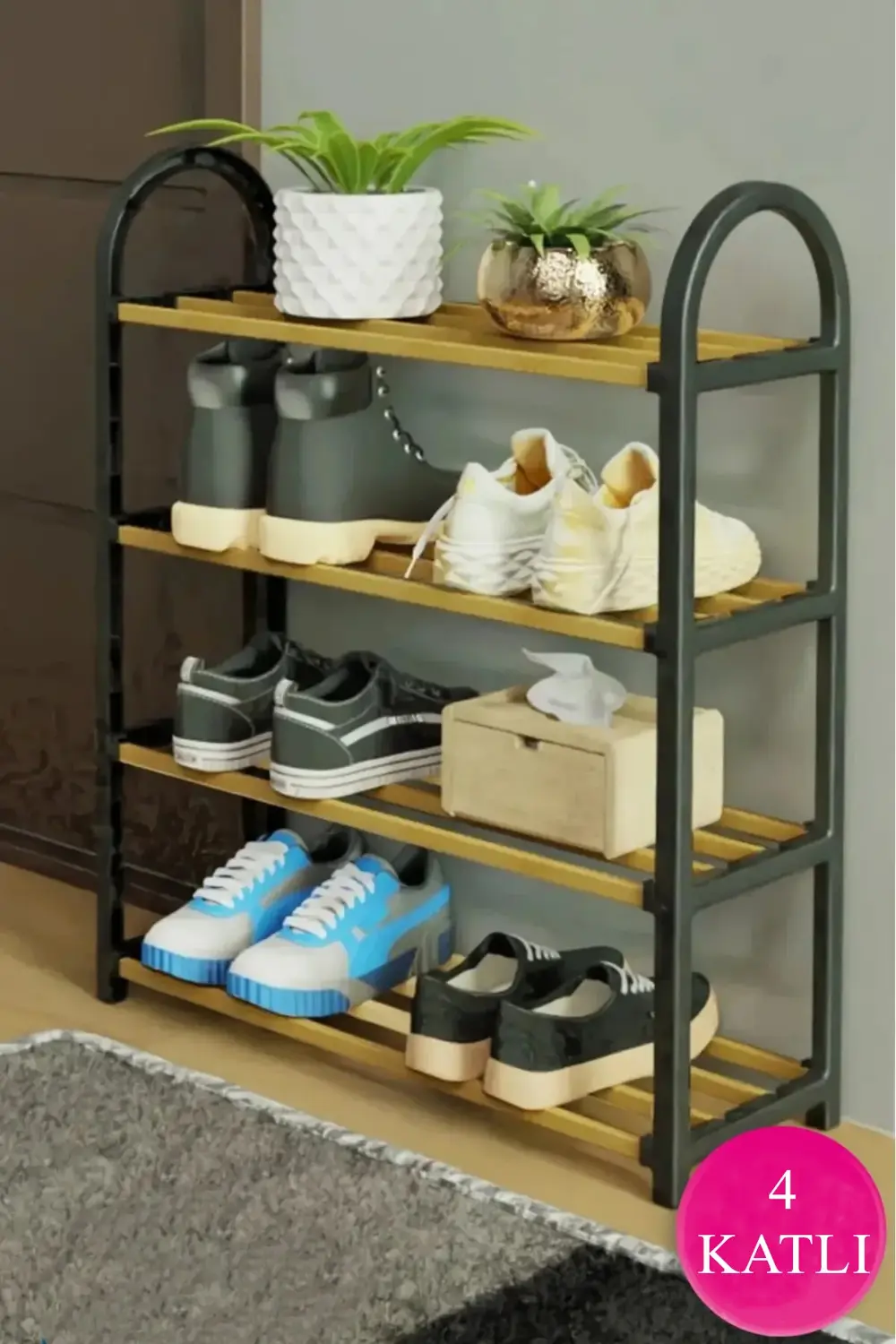 4 Katlı Ahşap Ayakkabılık