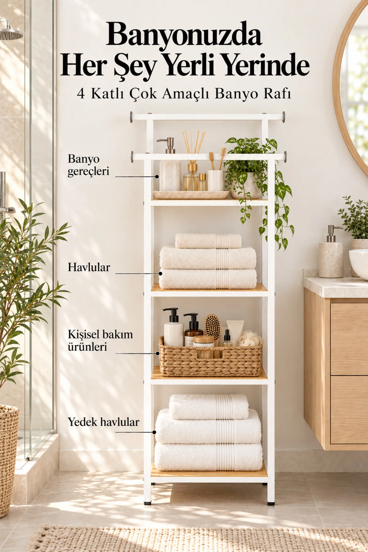 4 Katlı Ahşap Raflı Metal Banyo Düzenleyici - Askılıklı Çok Amaçlı Raf - Görsel 3