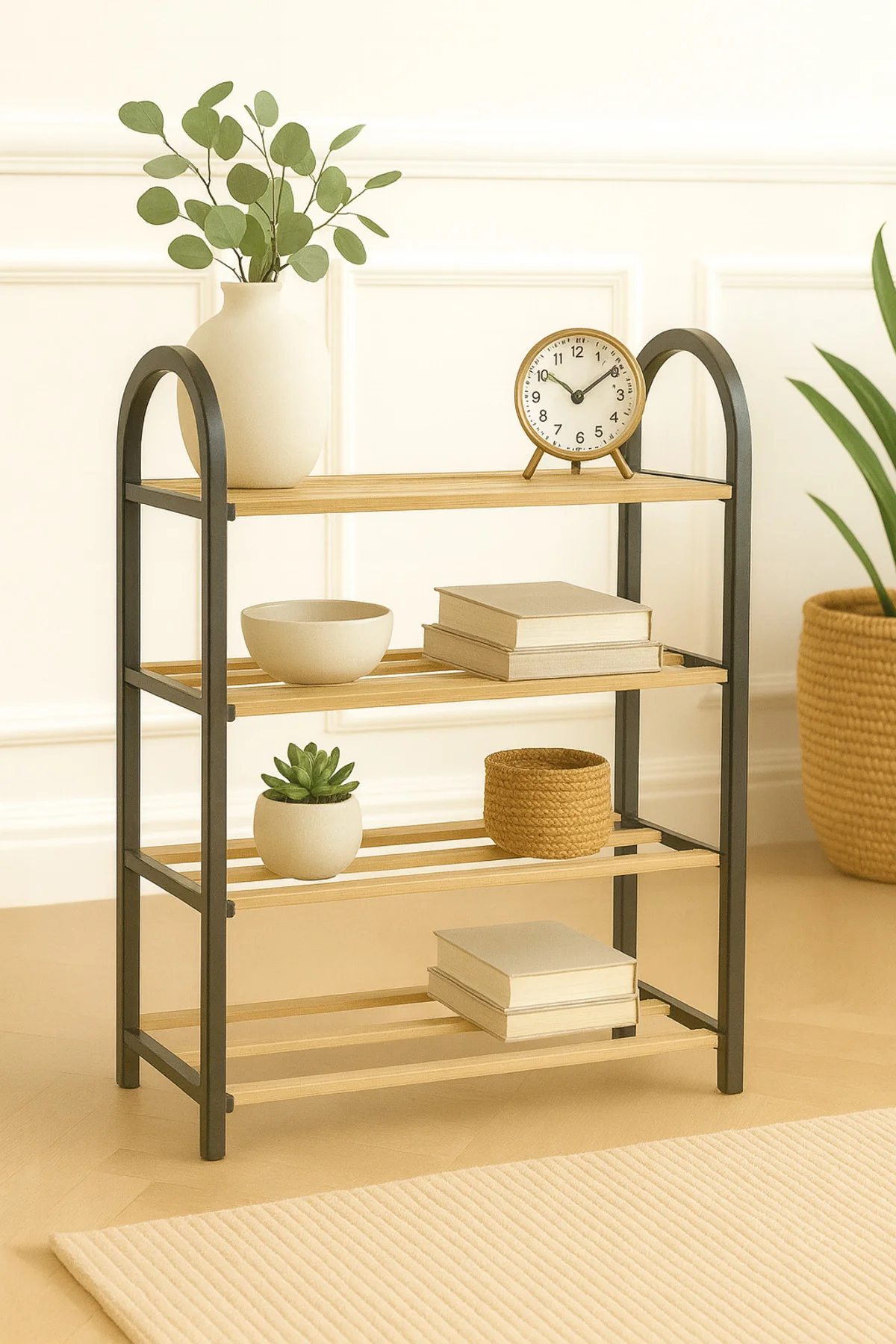 4 Katlı Ayakkabı Rampası – Doğal Ahşap Raflı Ayakkabı Düzenleyici