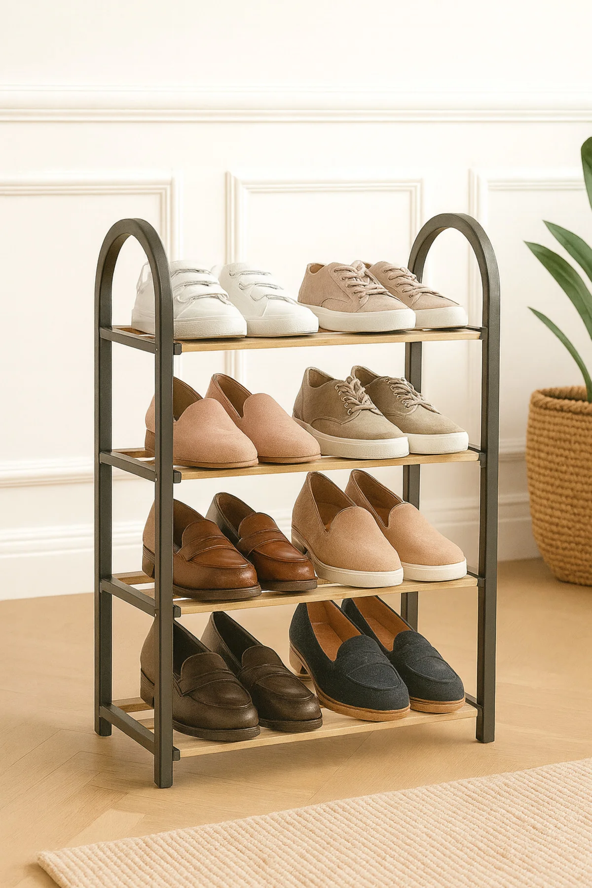 4 Katlı Ayakkabı Rampası – Doğal Ahşap Raflı Ayakkabı Düzenleyici