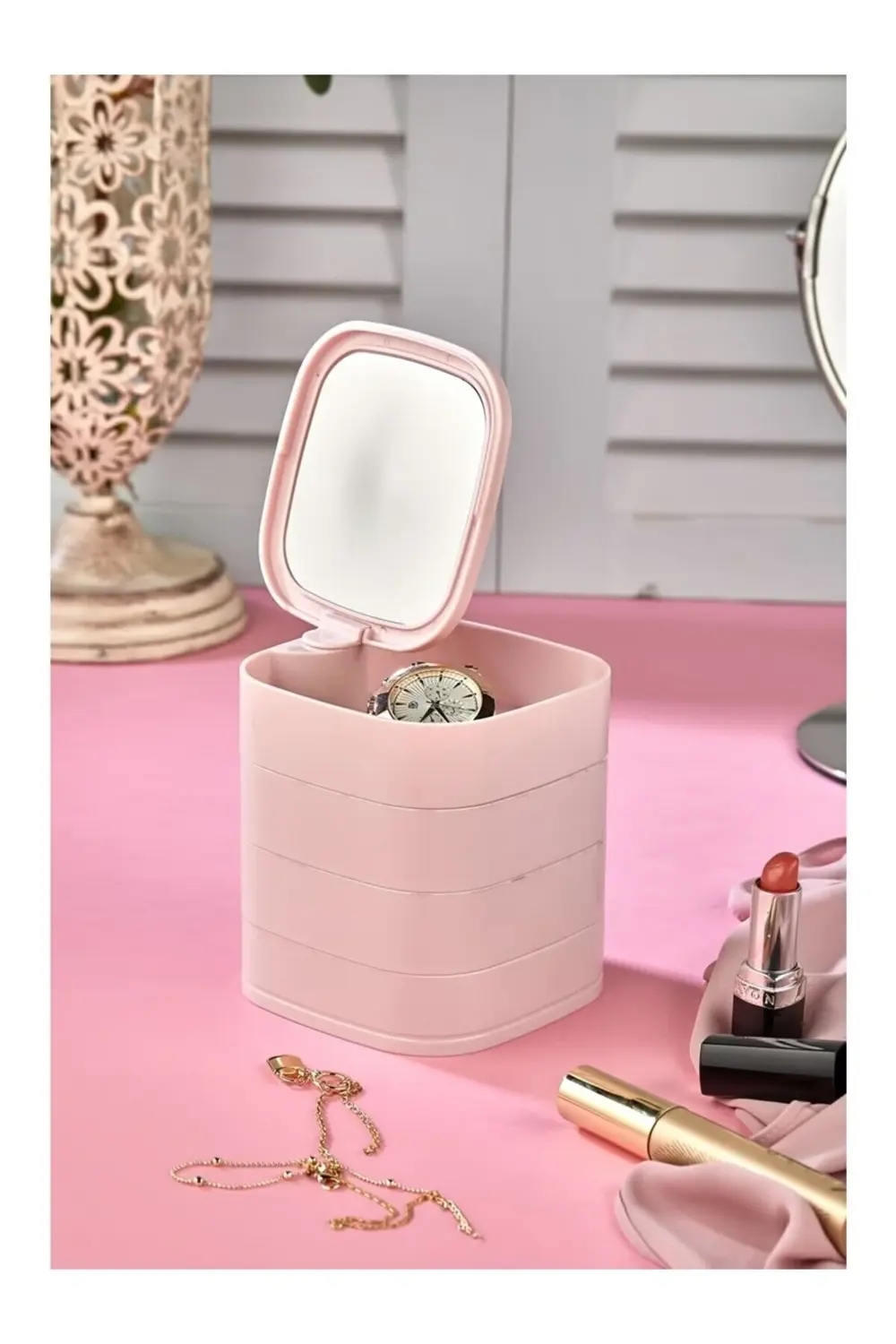 4 Katlı Aynalı Kare 360 Derece Dönebilen Takı Organizer Kutusu