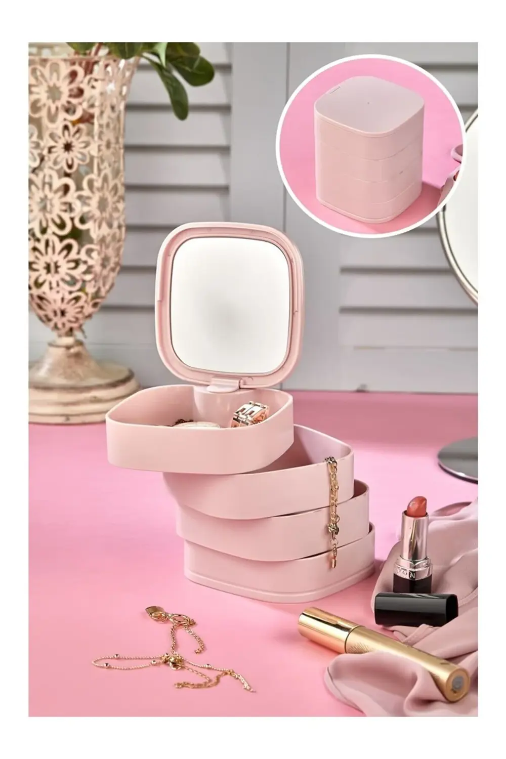 4 Katlı Aynalı Kare 360 Derece Dönebilen Takı Organizer Kutusu