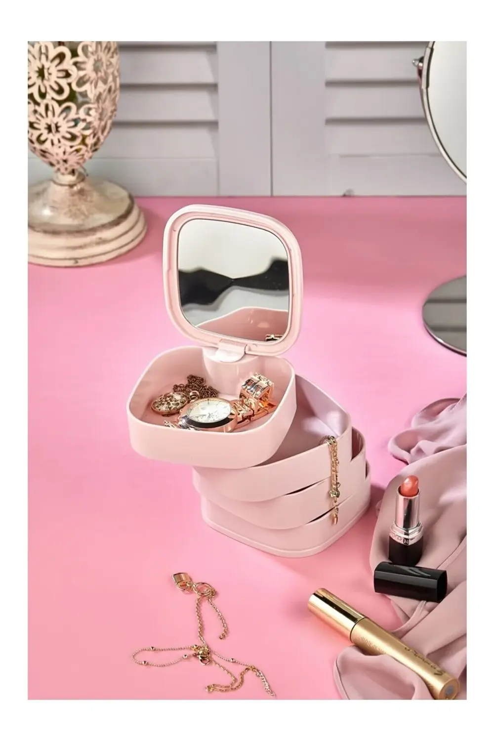4 Katlı Aynalı Kare 360 Derece Dönebilen Takı Organizer Kutusu
