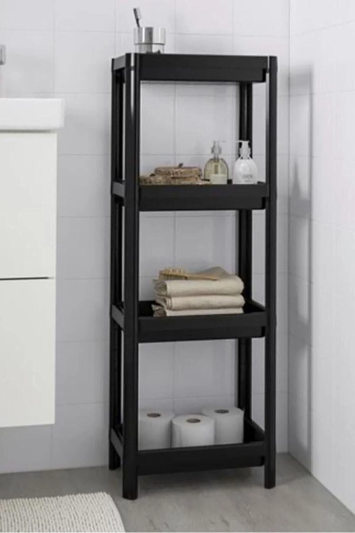 4 Katlı Banyo Mutfak Raf Ünitesi Siyah