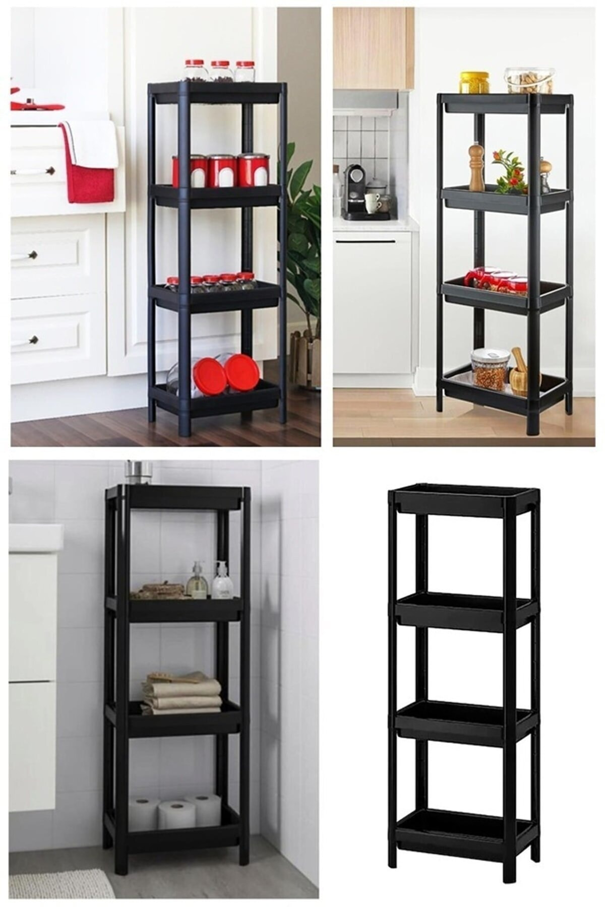 Sev Plastik 4 Katlı Banyo Mutfak Raf Ünitesi Siyah