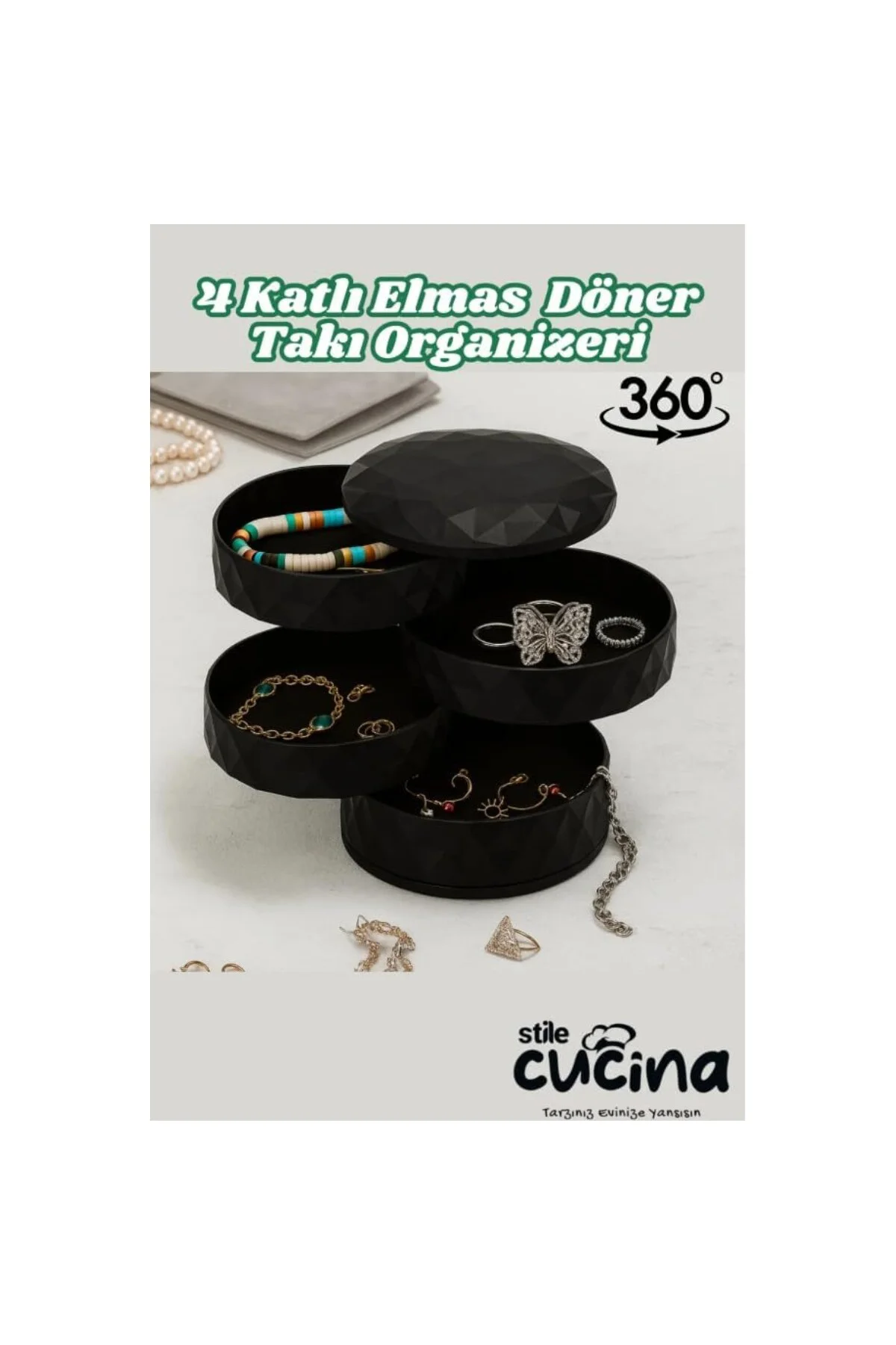 4 Katlı Döner Takı Organizeri, Elmas Desenli, Siyah, 360 Derece D