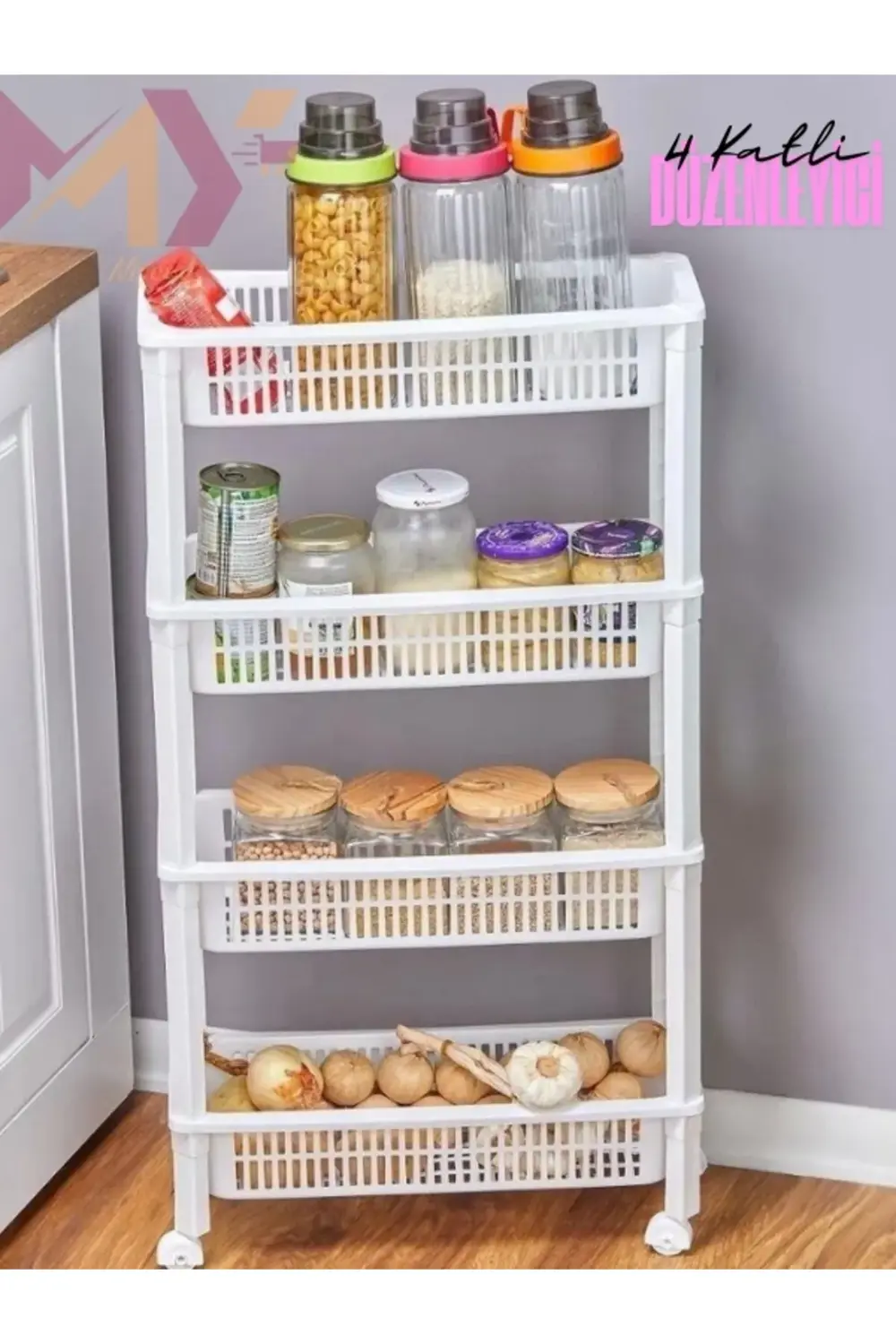 4 Katlı Mutfak Banyo Düzenleyici, 4 Raflı Tekerlekli Düzenleyici
