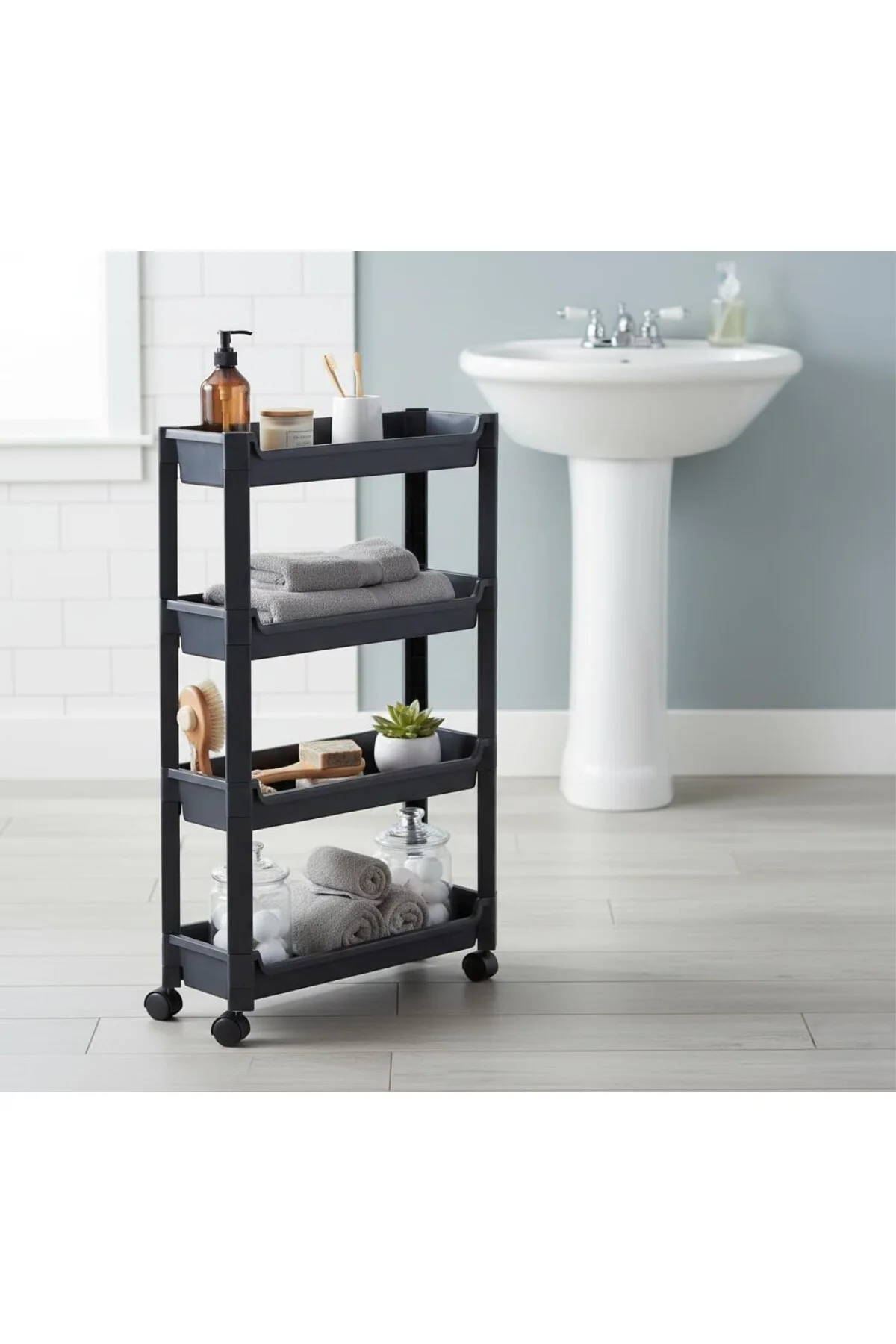 4 Katlı Slim Tekerlekli Düzenleyici Raf - 14.5 cm Ultra İnce Tasa