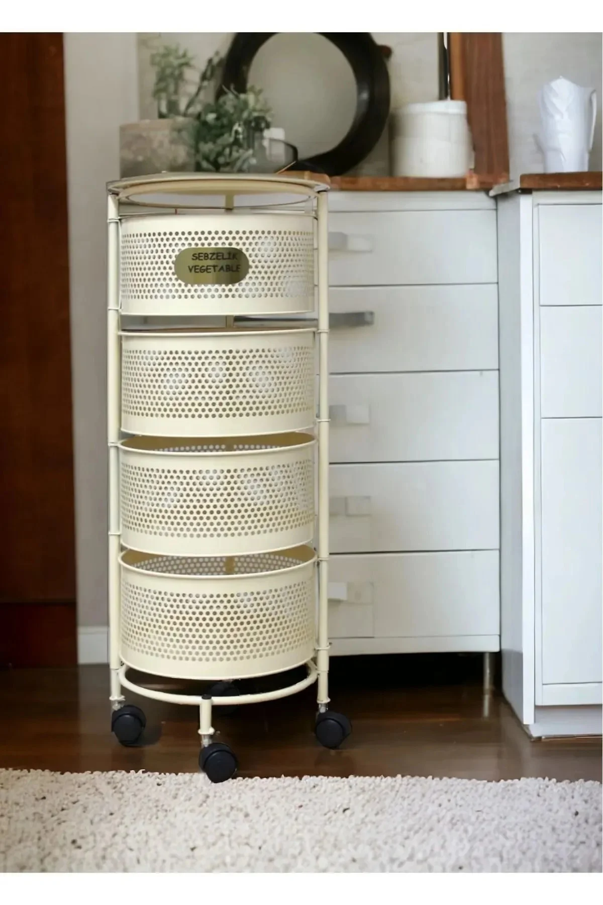 4 Katlı Yana Açılır Krem Tekerlekli Patates Soğan Sepeti Sebze Me