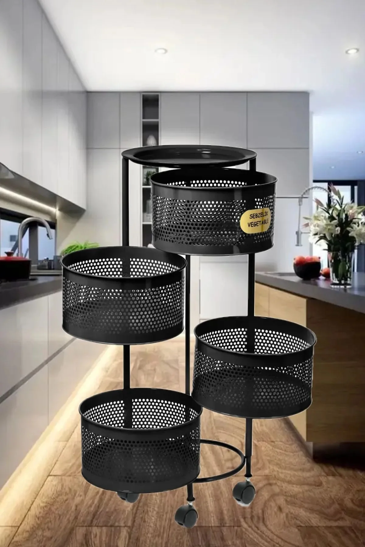 4 Katlı Yana Açılır Krem Tekerlekli Patates Soğan Sepeti Sebze Me