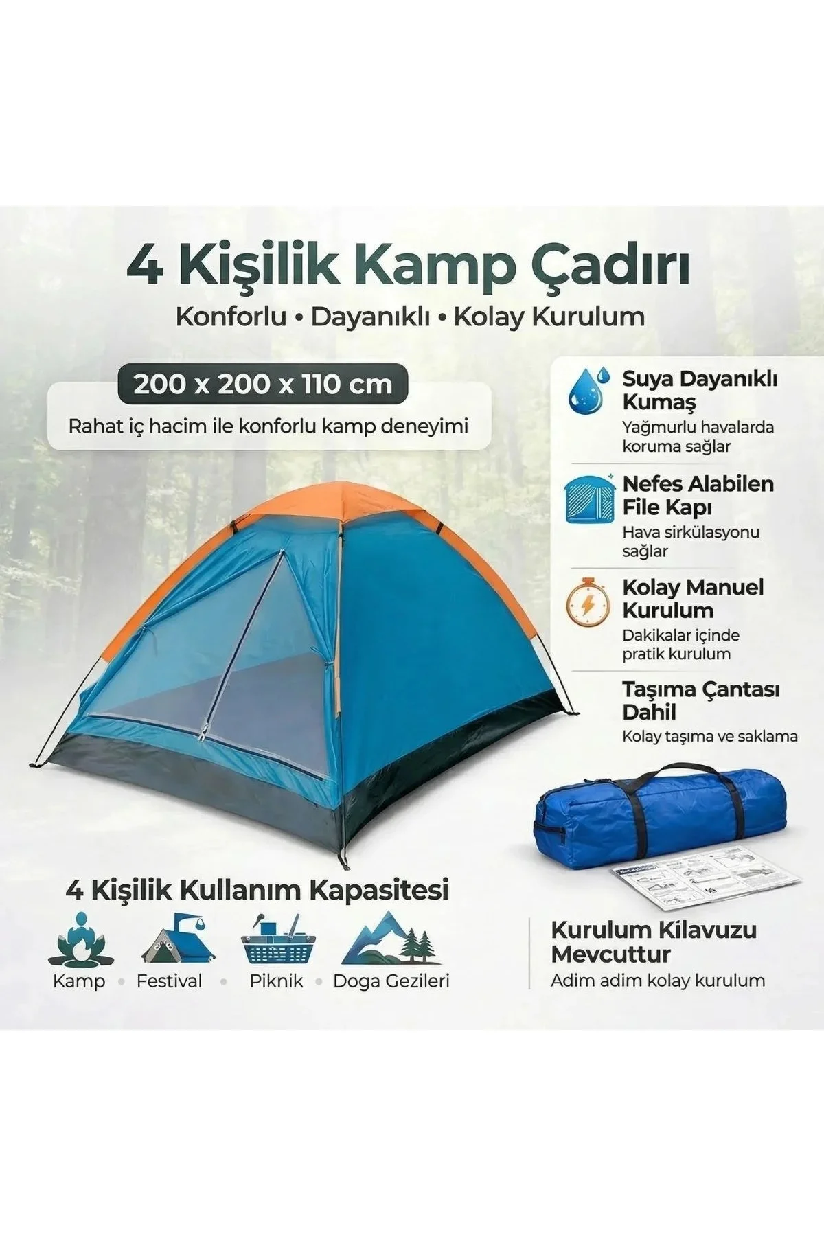 4 Kişilik Kamp Çadırı Manuel Kurulum Düz Kapılı Outdoor Dayanıklı Kamp Doğa Çadırı 200 x 200 x 110 c 4 Kişilik Kamp Çadırı Manuel Kurulum Düz Kapılı Outdoor Dayanıklı Kamp Doğa Çadırı 200 x 200 x 110 c