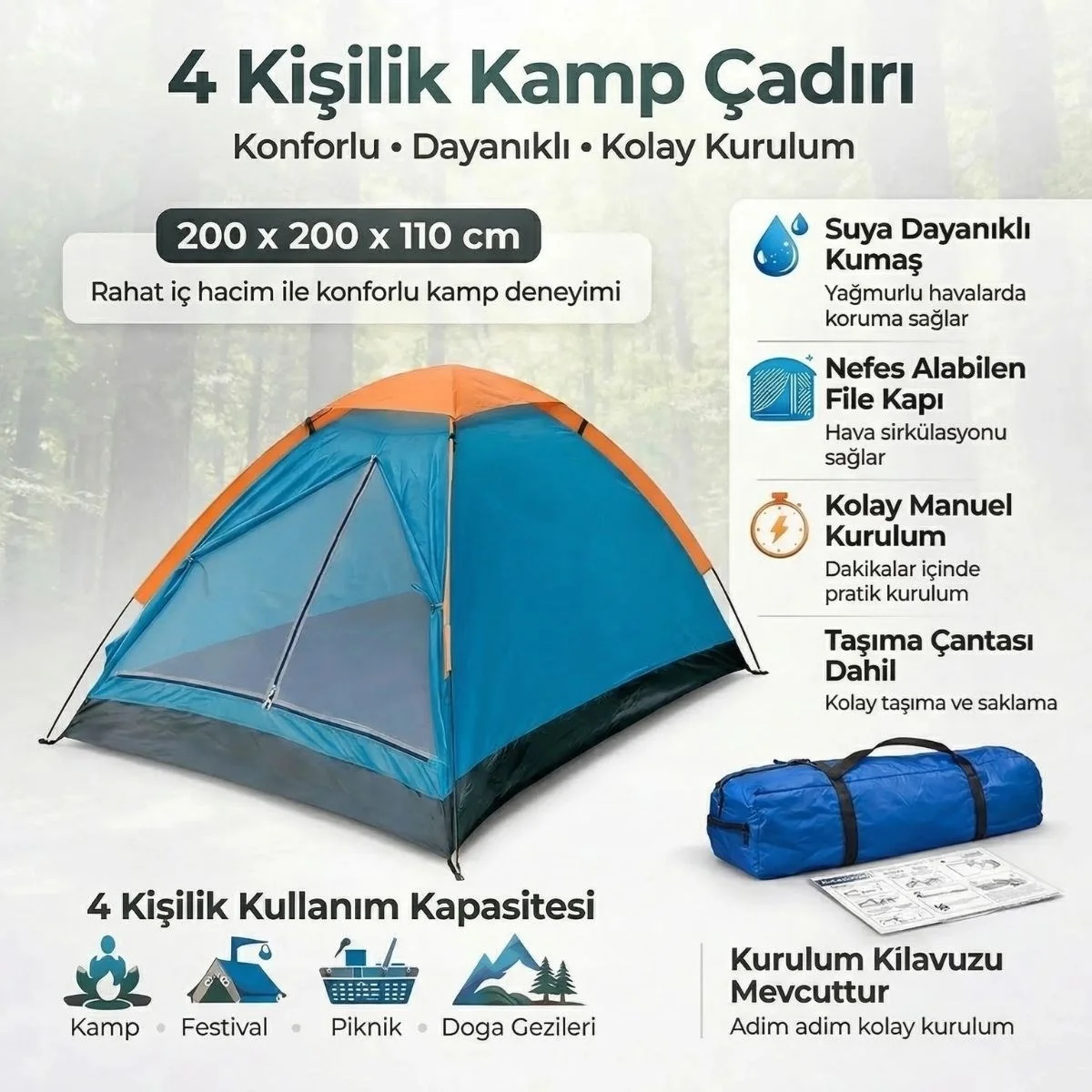 4 Kişilik Kamp Çadırı Manuel Kurulum Düz Kapılı Outdoor Dayanıklı Kamp Doğa Çadırı 200 X 200 X 110 Cm Bx40 Fiyatı, Yorumları ve Özellikleri
