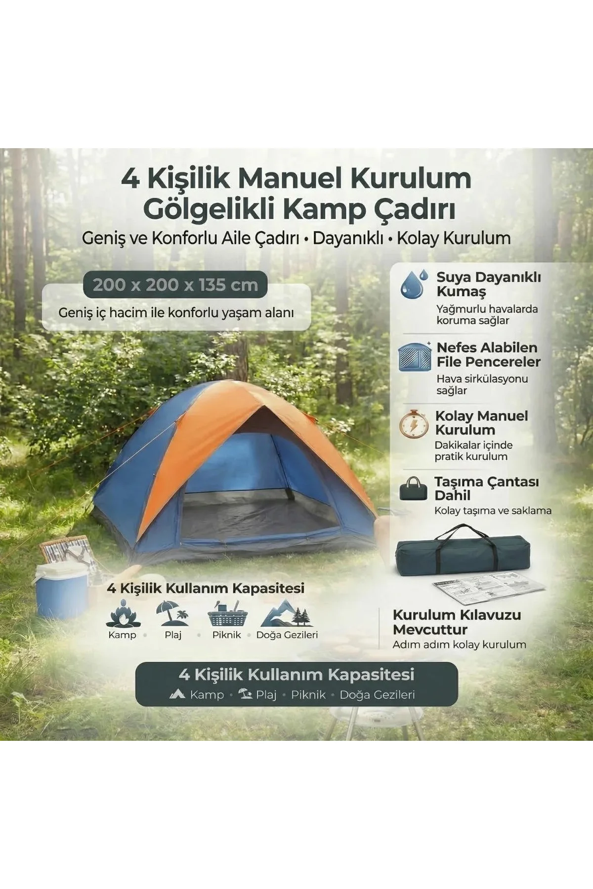 4 Kişilik Manuel Kurulum Gölgelikli Kamp Çadırı – Aile, Doğa, Piknik ve Outdoor 200x200x135 cm 4 Kişilik Manuel Kurulum Gölgelikli Kamp Çadırı – Aile, Doğa, Piknik ve Outdoor 200x200x135 cm