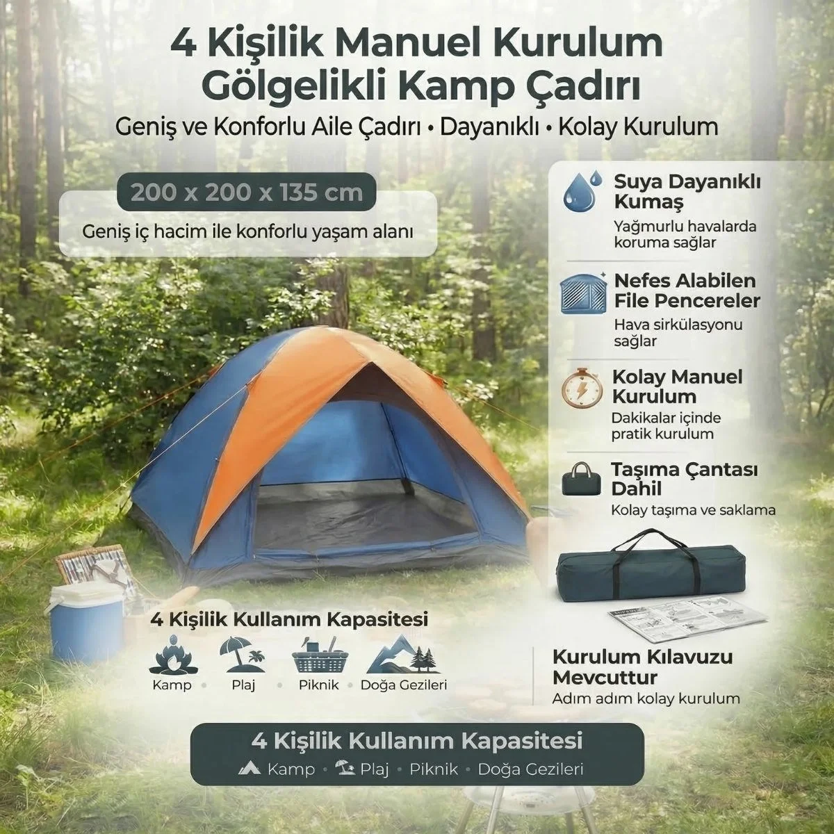 4 Kişilik Manuel Kurulum Gölgelikli Kamp Çadırı – Aile, Doğa, Piknik Ve Outdoor 200x200x135 Cm Bx40 Fiyatı, Yorumları ve Özellikleri
