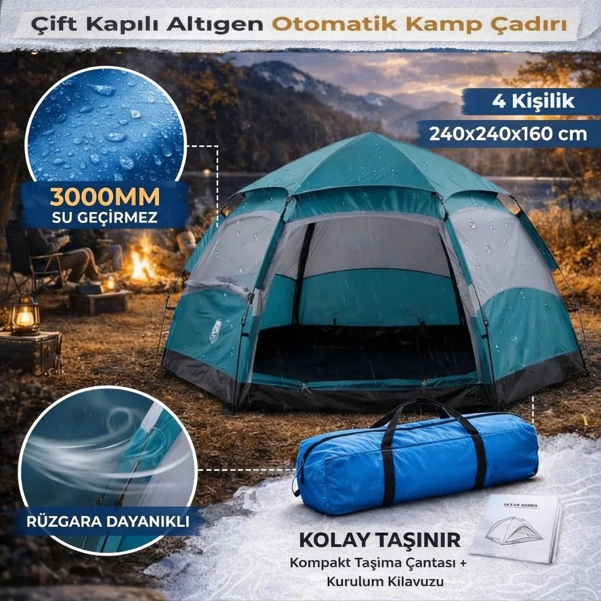 4 Kişilik Otomatik Kamp Çadırı – Altıgen Tasarım, Çift Kapılı, Suya Dayanıklı, Hızlı Kurulumlu Geniş Aile Outdoor Çadırı 240x240x160 cm 4 Kişilik Otomatik Kamp Çadırı – Altıgen Tasarım, Çift Kapılı, Suya Dayanıklı, Hızlı Kurulumlu Geniş Aile Outdoor Çadırı 240x240x160 cm