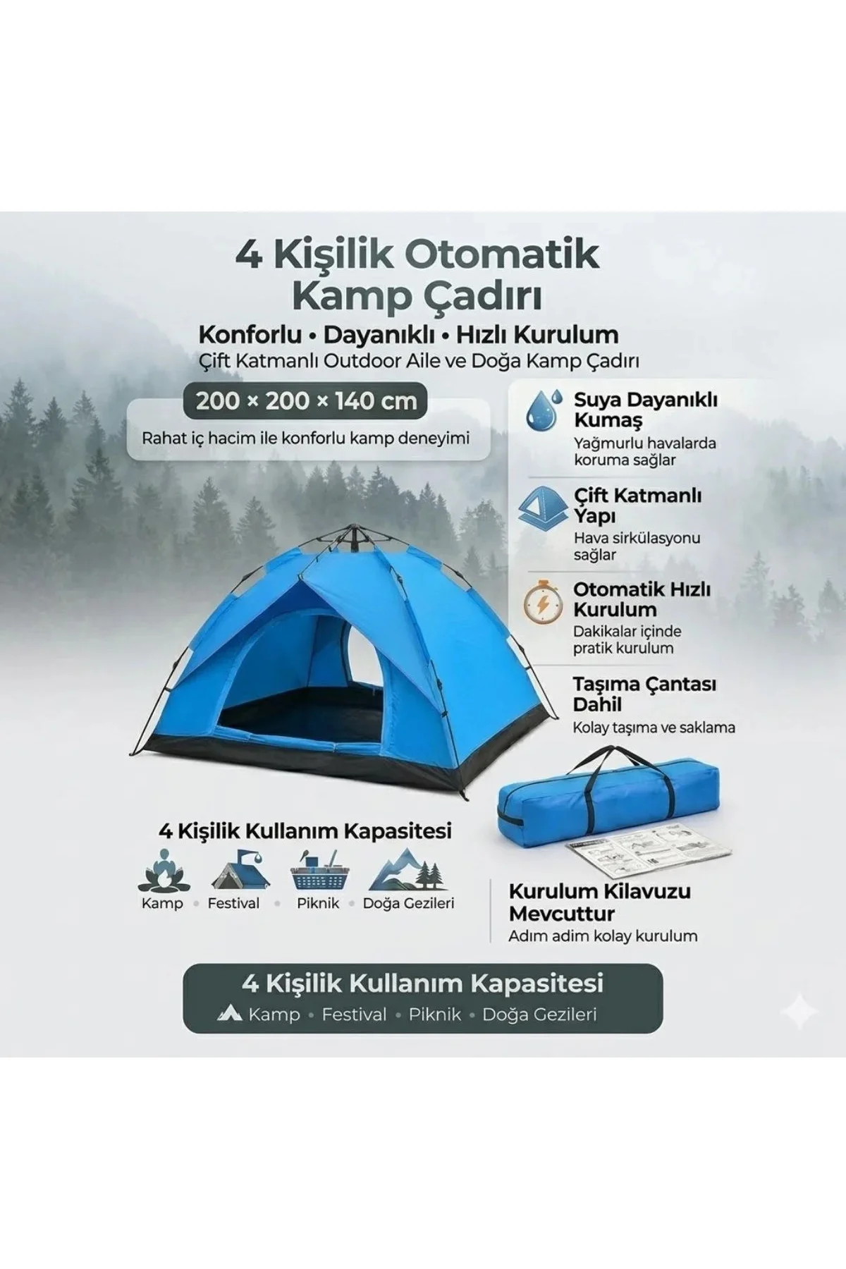 4 Kişilik Otomatik Kamp Çadırı – Çift Katmanlı, Suya Dayanıklı, Hızlı Kurulum Outdoor Aile ve Doğa Ç 4 Kişilik Otomatik Kamp Çadırı – Çift Katmanlı, Suya Dayanıklı, Hızlı Kurulum Outdoor Aile ve Doğa Ç