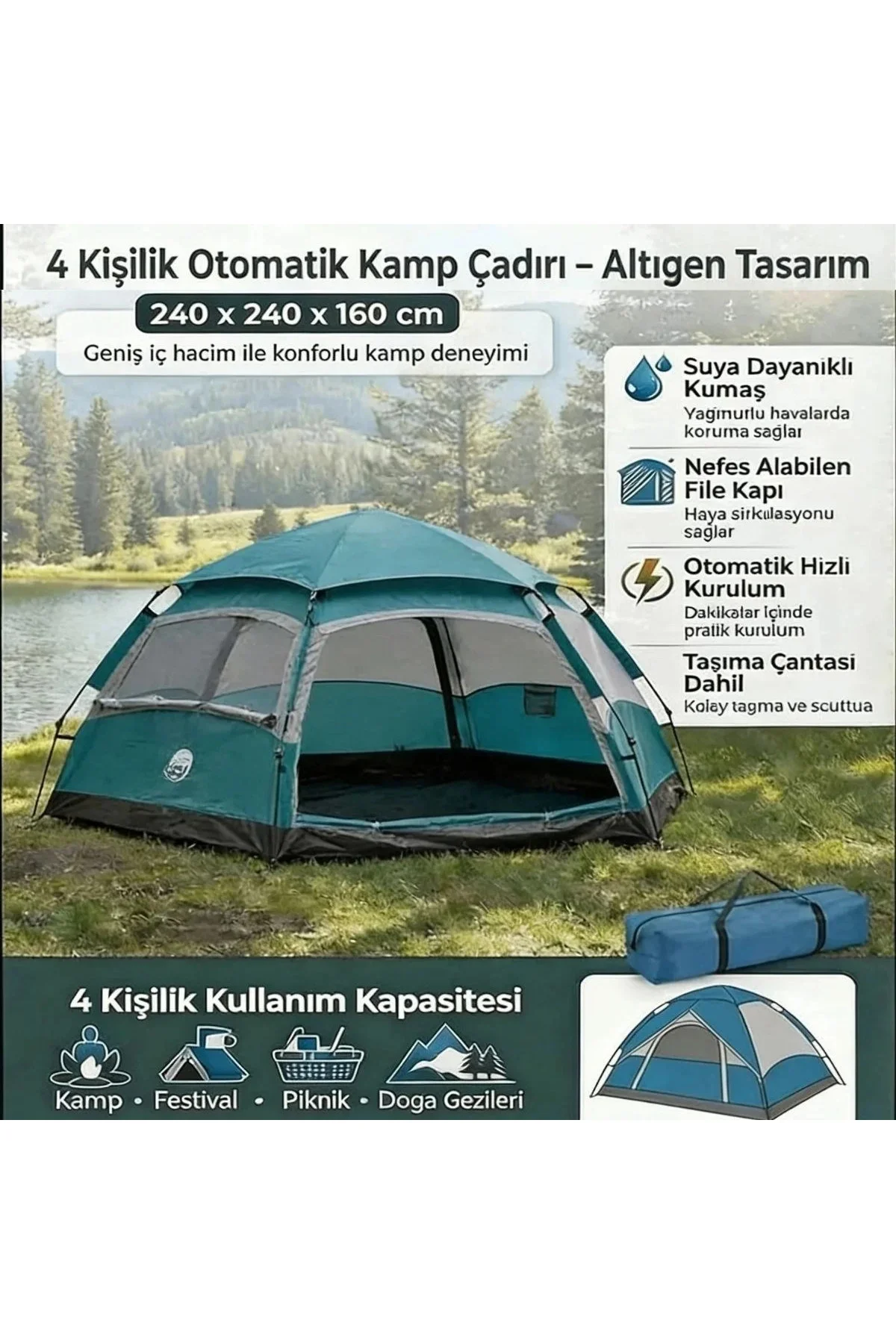 4 Kişilik Otomatik Kamp Çadırı – Altıgen Tasarım, Çift Kapılı, Suya Dayanıklı, Hızlı Kurulumlu Geniş - Görsel 5
