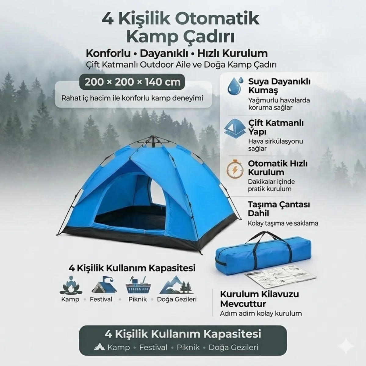4 Kişilik Otomatik Kamp Çadırı – Çift Katmanlı, Suya Dayanıklı, Hızlı Kurulum Outdoor Aile Ve Doğa Çadırı 200x200x140 Cm Bx40 Fiyatı, Yorumları ve Özellikleri