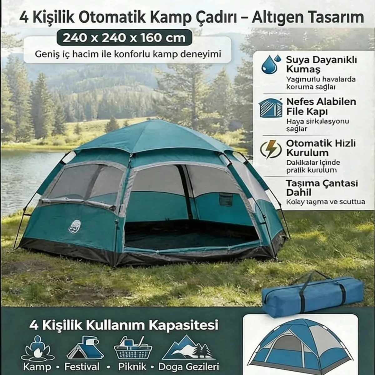 4 Kişilik Otomatik Kamp Çadırı – Altıgen Tasarım, Çift Kapılı, Suya Dayanıklı, Hızlı Kurulumlu Geniş Aile Outdoor Çadırı 240x240x160 cm 4 Kişilik Otomatik Kamp Çadırı – Altıgen Tasarım, Çift Kapılı, Suya Dayanıklı, Hızlı Kurulumlu Geniş Aile Outdoor Çadırı 240x240x160 cm