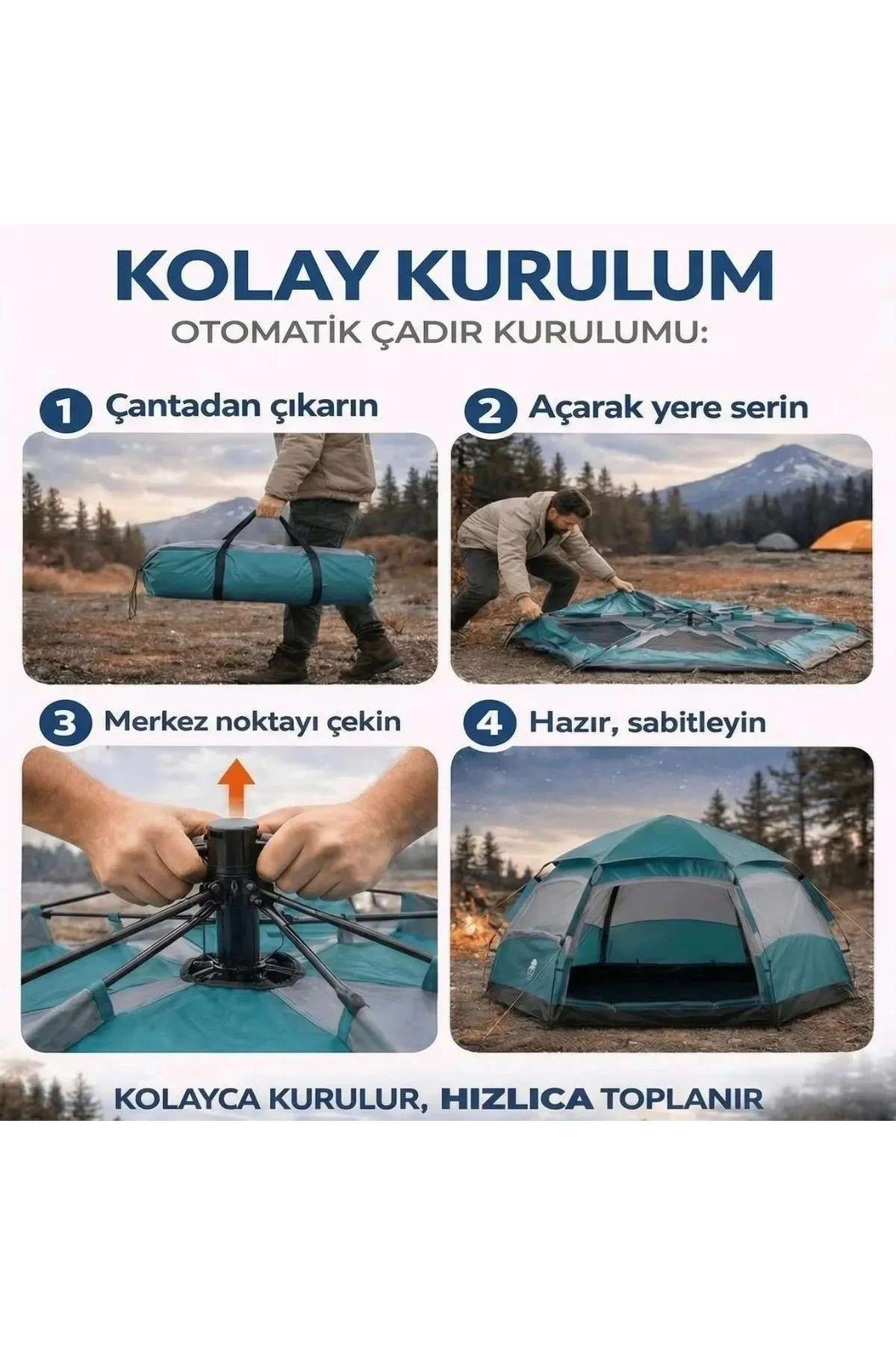 4 Kişilik Otomatik Kamp Çadırı – Altıgen Tasarım, Çift Kapılı, Suya Dayanıklı, Hızlı Kurulumlu Geniş - Görsel 4