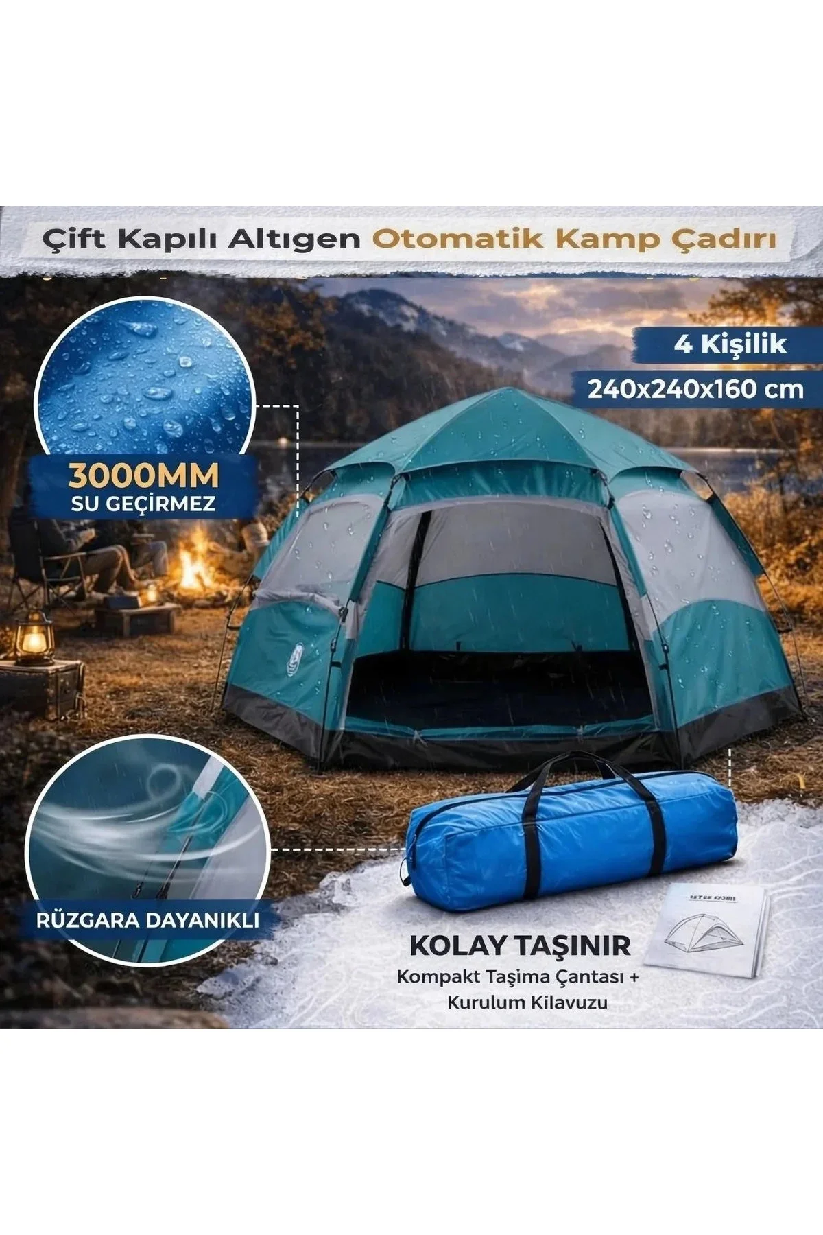 4 Kişilik Otomatik Kamp Çadırı – Altıgen Tasarım, Çift Kapılı, Suya Dayanıklı, Hızlı Kurulumlu Geniş 4 Kişilik Otomatik Kamp Çadırı – Altıgen Tasarım, Çift Kapılı, Suya Dayanıklı, Hızlı Kurulumlu Geniş