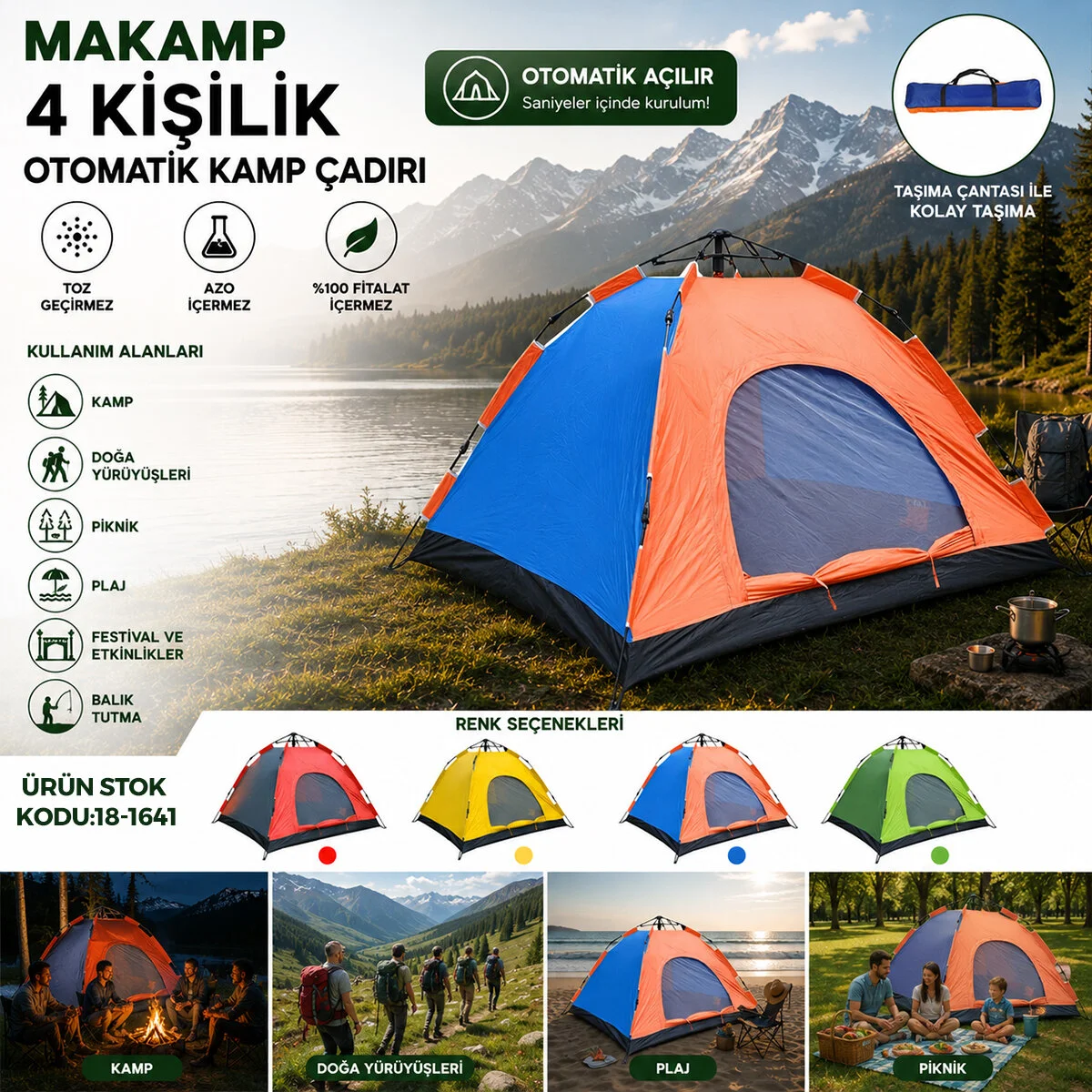 4 Kişilik Toz Geçirmez 200CMX200CMX135CM Otomatik Kamp Çadır Herhangi Bir Renk Gönderilir 4 Kişilik Toz Geçirmez 200CMX200CMX135CM Otomatik Kamp Çadır Herhangi Bir Renk Gönderilir